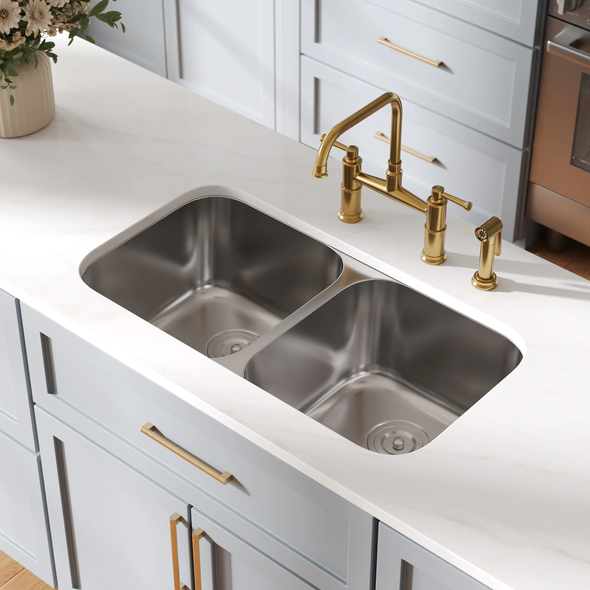 DeerValley 32-Inch Undermount Double Bowl Kitchen Sink, 50/50 18 Gauge Stainless Steel Kitchen Sink, Spacious Double Basin Design Sinks with Basket Strainer, Undermount Sinks for Modern Kitchens - Image 15