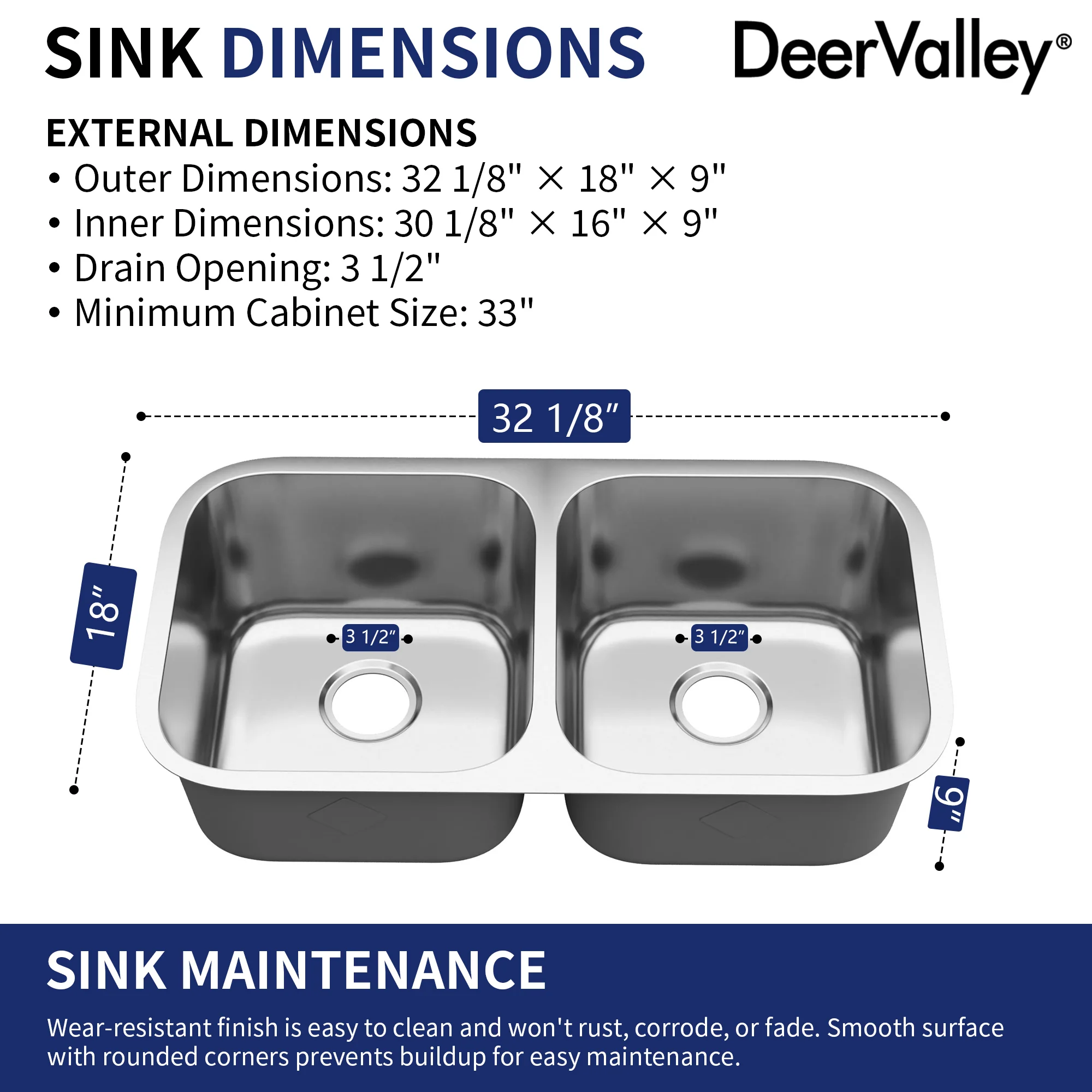 DeerValley 32-Inch Undermount Double Bowl Kitchen Sink, 50/50 18 Gauge Stainless Steel Kitchen Sink, Spacious Double Basin Design Sinks with Basket Strainer, Undermount Sinks for Modern Kitchens - Image 16