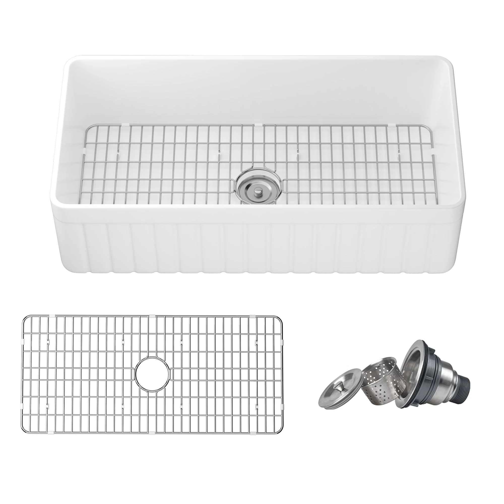 DeerValley Solstice Fireclay Farmhouse Sink,  35.5"L x 18"W Farmhouse Kitchen Sink White Large Single Bowl Farm Sink Reversible Apron Front with Sink Grid and Basket Strainer, DV-1K0377 - Image 2