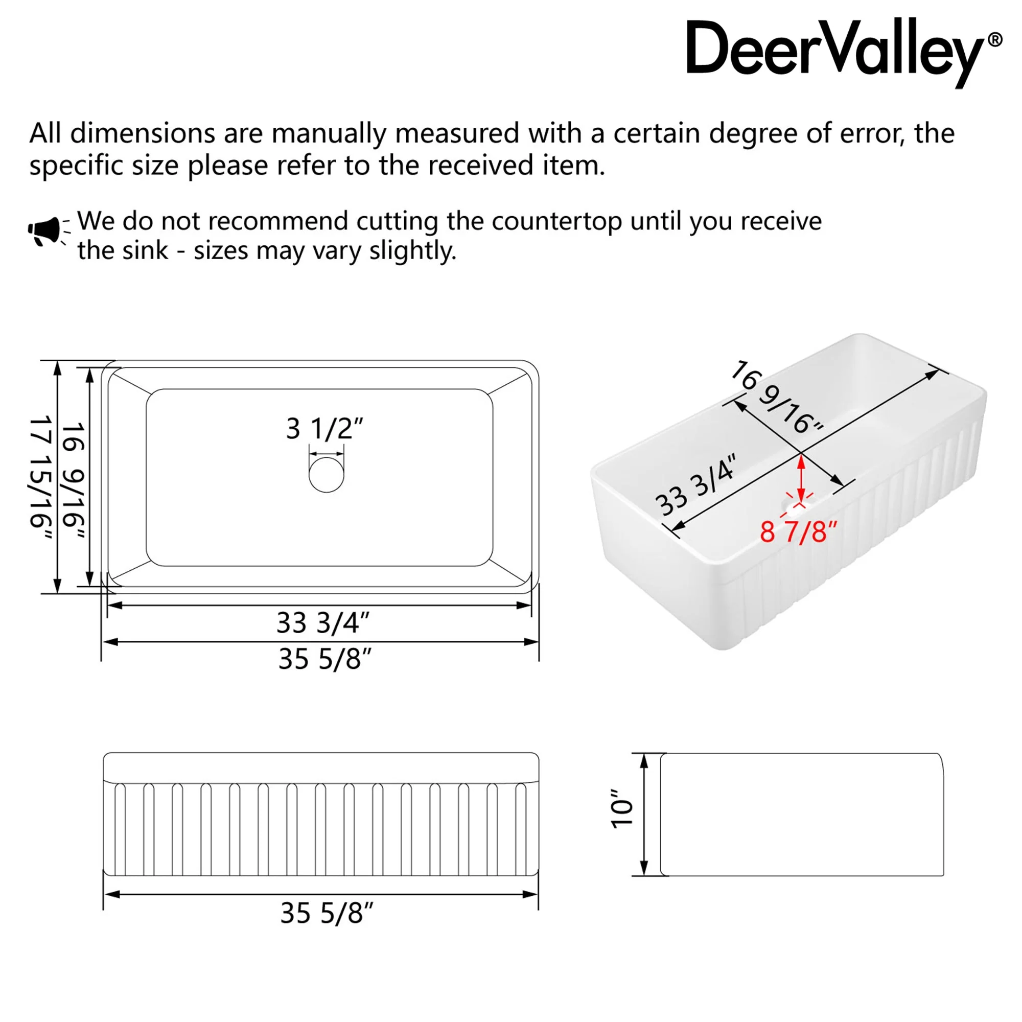 DeerValley Solstice Fireclay Farmhouse Sink,  35.5"L x 18"W Farmhouse Kitchen Sink White Large Single Bowl Farm Sink Reversible Apron Front with Sink Grid and Basket Strainer, DV-1K0377 - Image 3