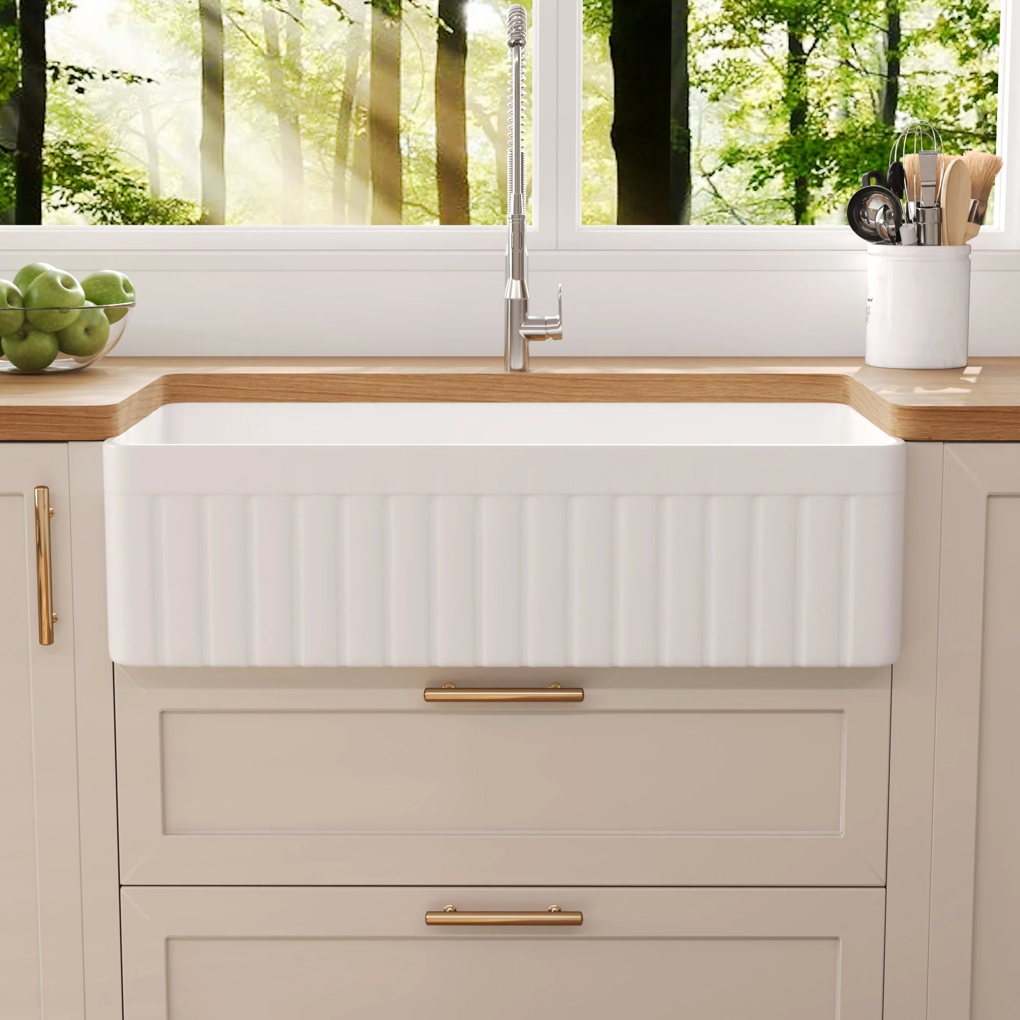 DeerValley Solstice Fireclay Farmhouse Sink,  35.5"L x 18"W Farmhouse Kitchen Sink White Large Single Bowl Farm Sink Reversible Apron Front with Sink Grid and Basket Strainer, DV-1K0377 - Image 4