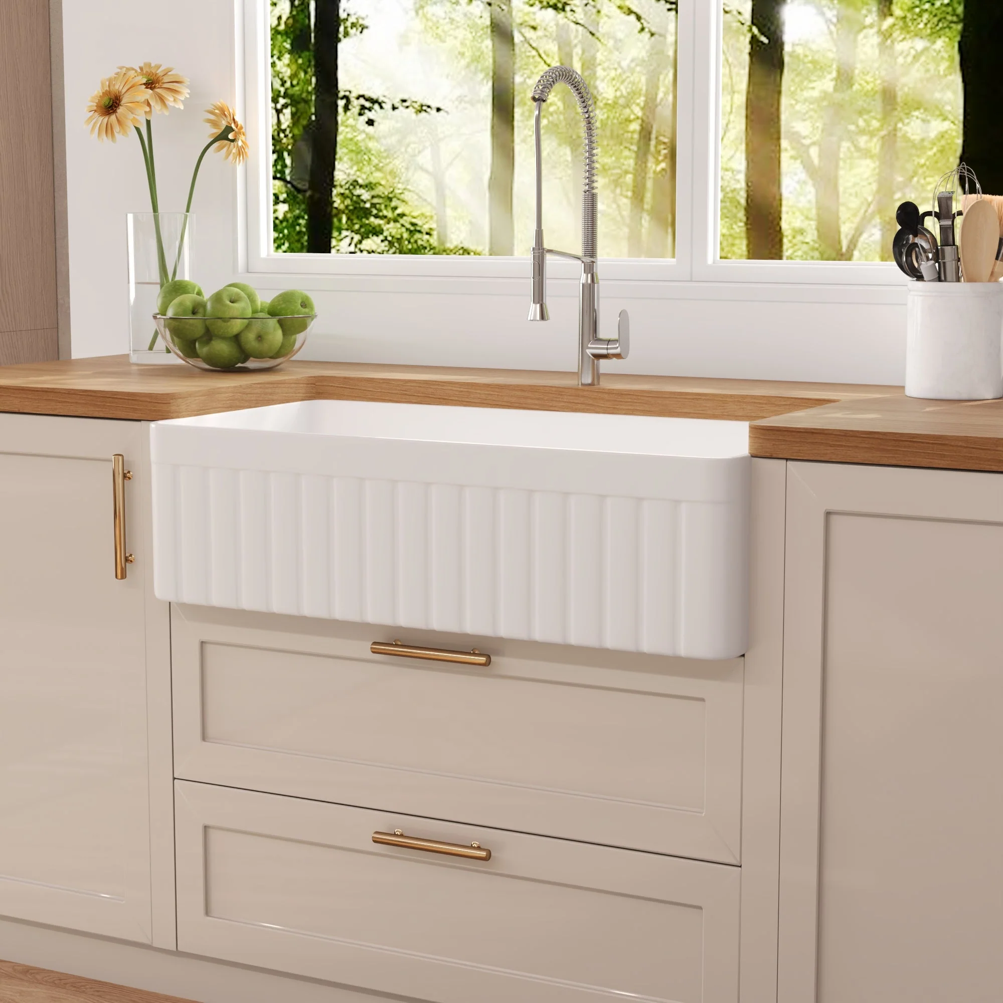 DeerValley Solstice Fireclay Farmhouse Sink,  35.5"L x 18"W Farmhouse Kitchen Sink White Large Single Bowl Farm Sink Reversible Apron Front with Sink Grid and Basket Strainer, DV-1K0377 - Image 5