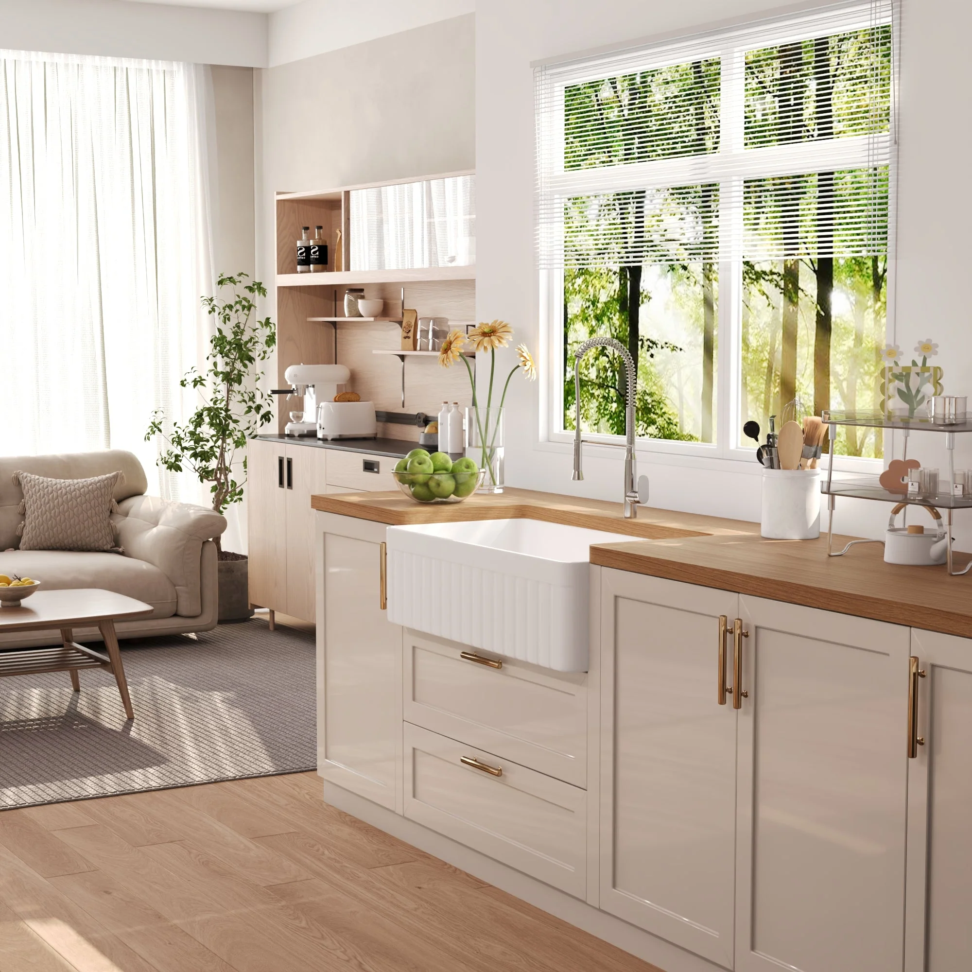 DeerValley Solstice Fireclay Farmhouse Sink,  35.5"L x 18"W Farmhouse Kitchen Sink White Large Single Bowl Farm Sink Reversible Apron Front with Sink Grid and Basket Strainer, DV-1K0377 - Image 7