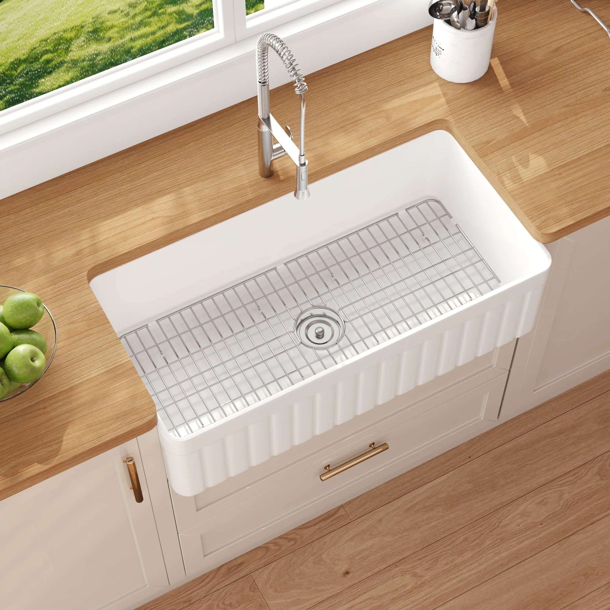 DeerValley Solstice Fireclay Farmhouse Sink,  35.5"L x 18"W Farmhouse Kitchen Sink White Large Single Bowl Farm Sink Reversible Apron Front with Sink Grid and Basket Strainer, DV-1K0377 - Image 8