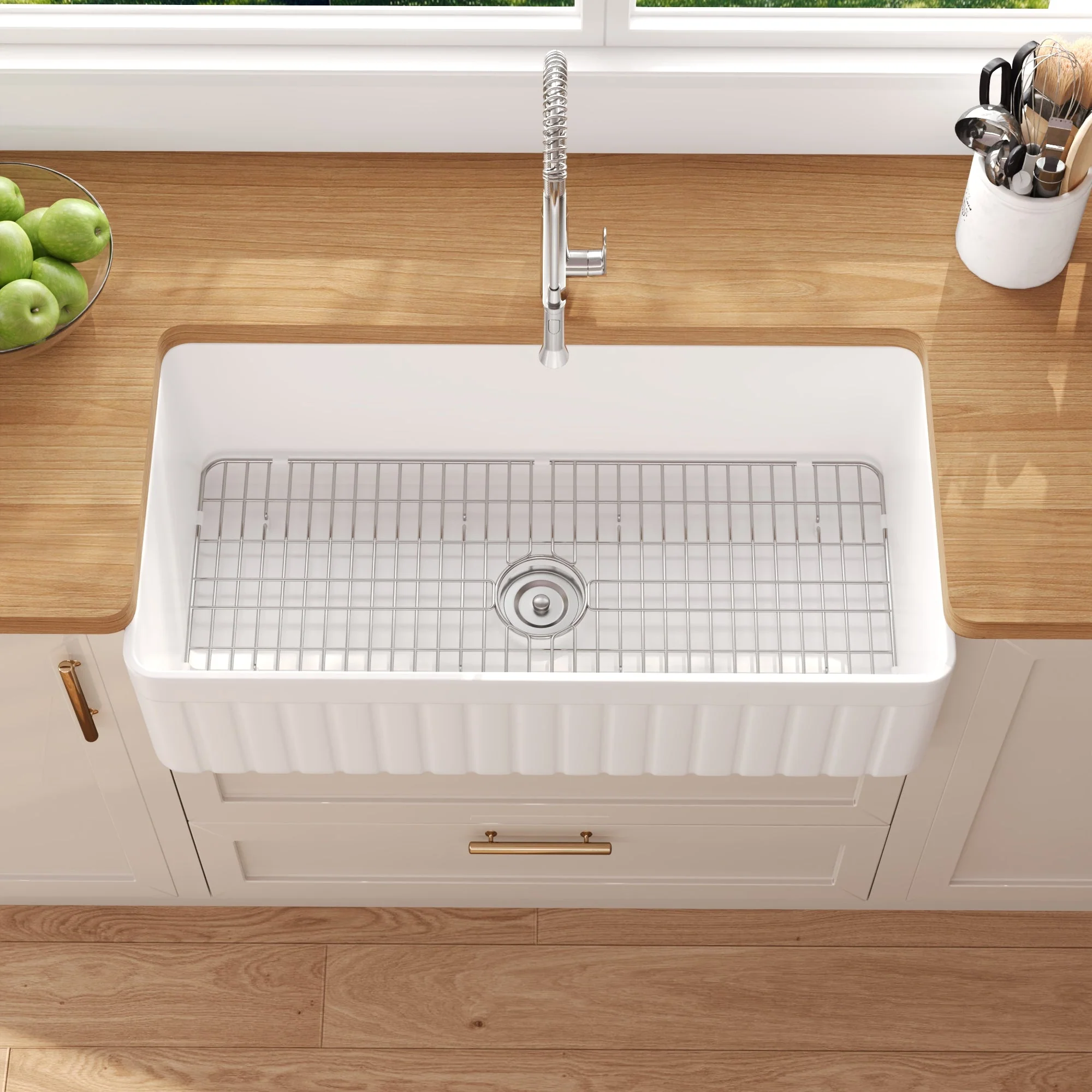 DeerValley Solstice Fireclay Farmhouse Sink,  35.5"L x 18"W Farmhouse Kitchen Sink White Large Single Bowl Farm Sink Reversible Apron Front with Sink Grid and Basket Strainer, DV-1K0377 - Image 9