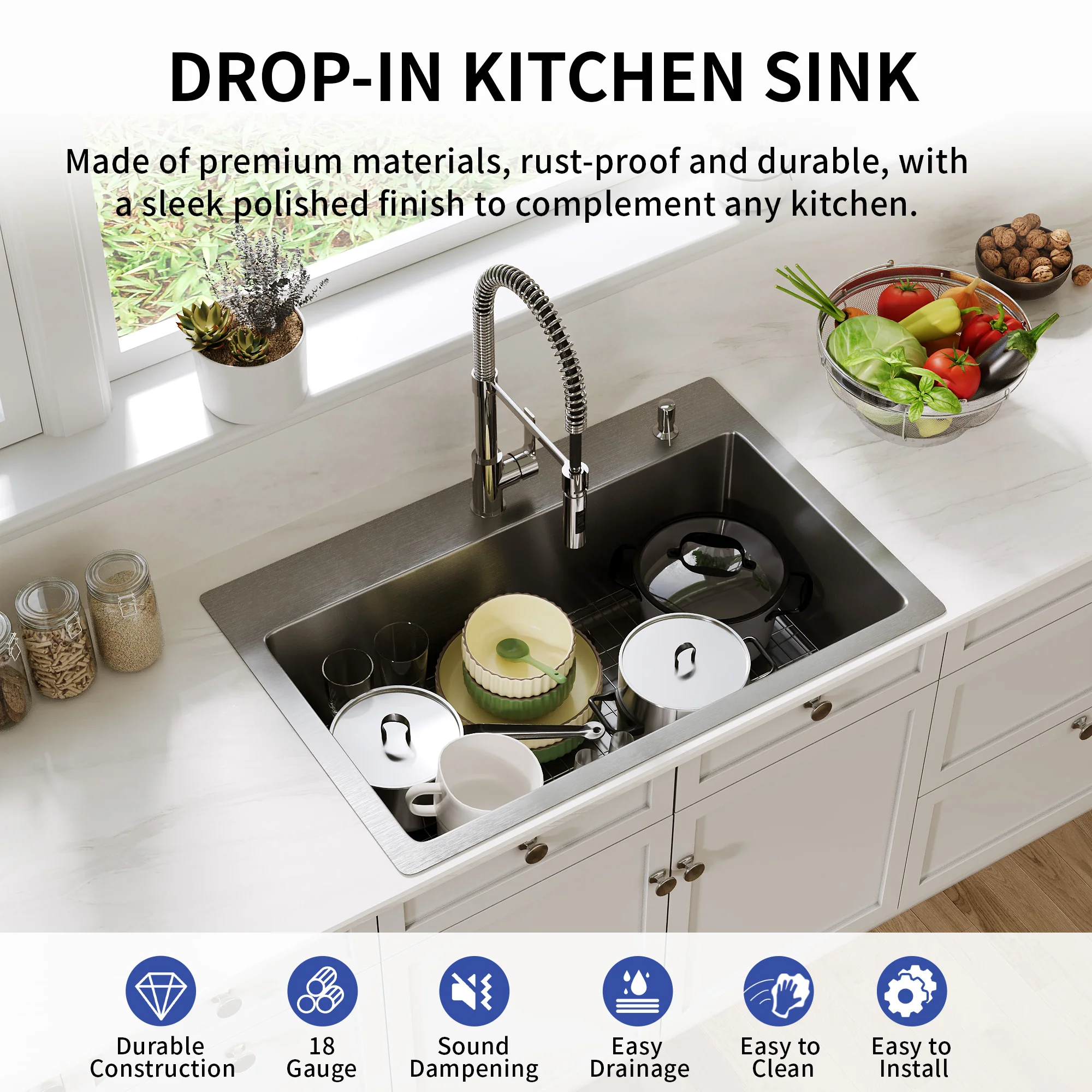 DeerValley DV-1K0468 Drop-In Sink 33 Inch Single Bowl Stainless Steel with Grid and Fast Drain - Image 2