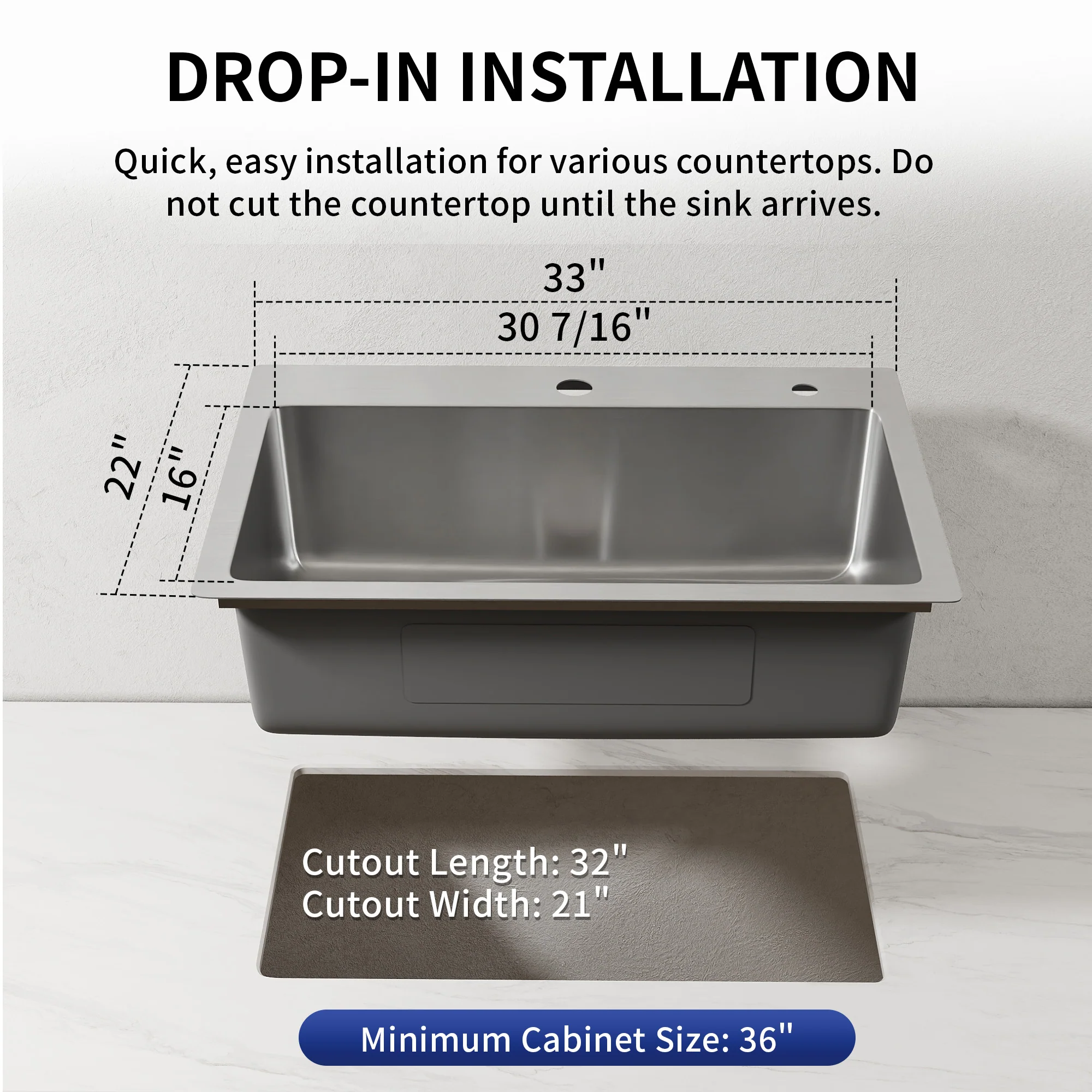 DeerValley DV-1K0468 Drop-In Sink 33 Inch Single Bowl Stainless Steel with Grid and Fast Drain - Image 9