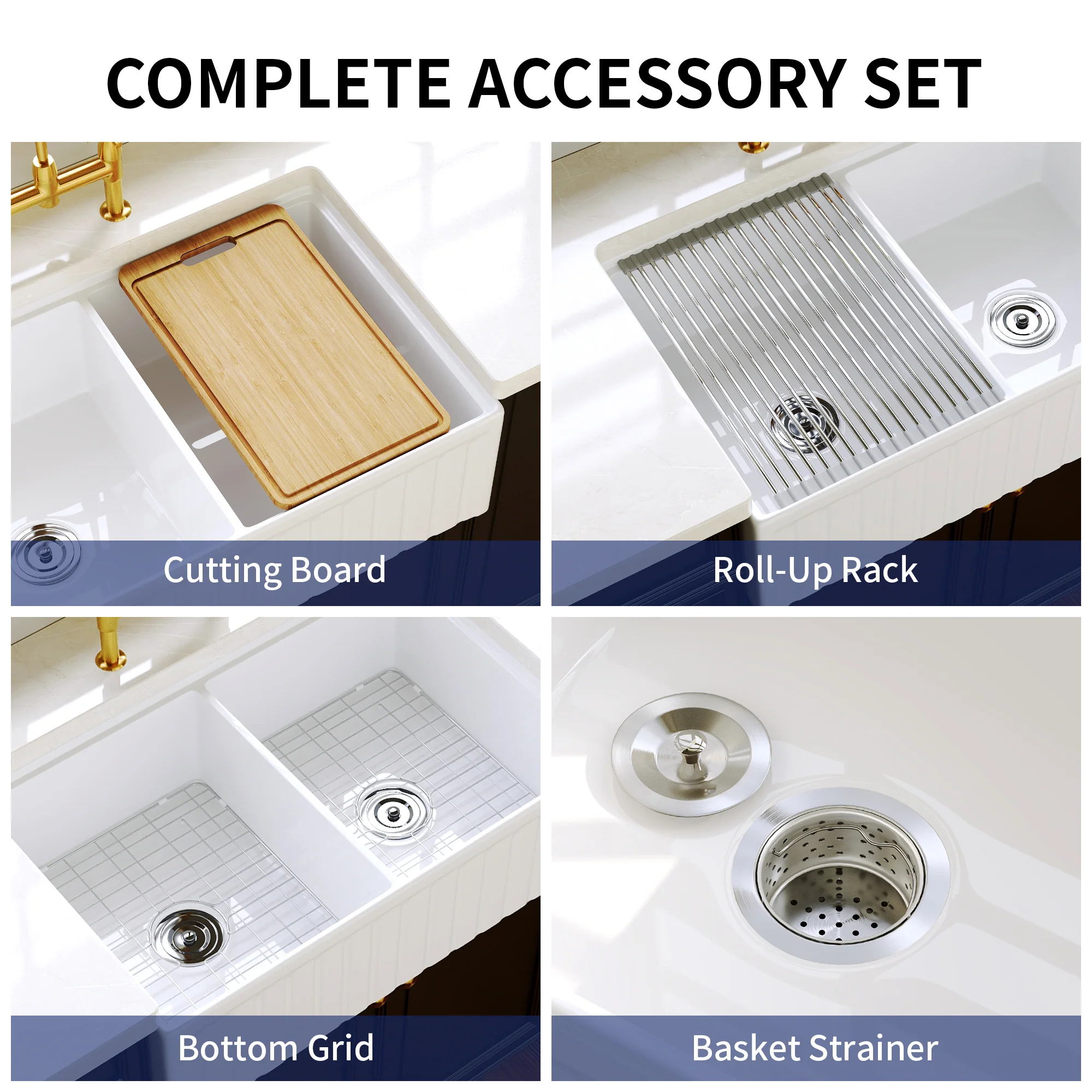 DeerValley DV-1K0486 33 in. Farmhouse 50/50 Double Bowl White Fireclay Workstation Kitchen Sink with Accessories - Image 11