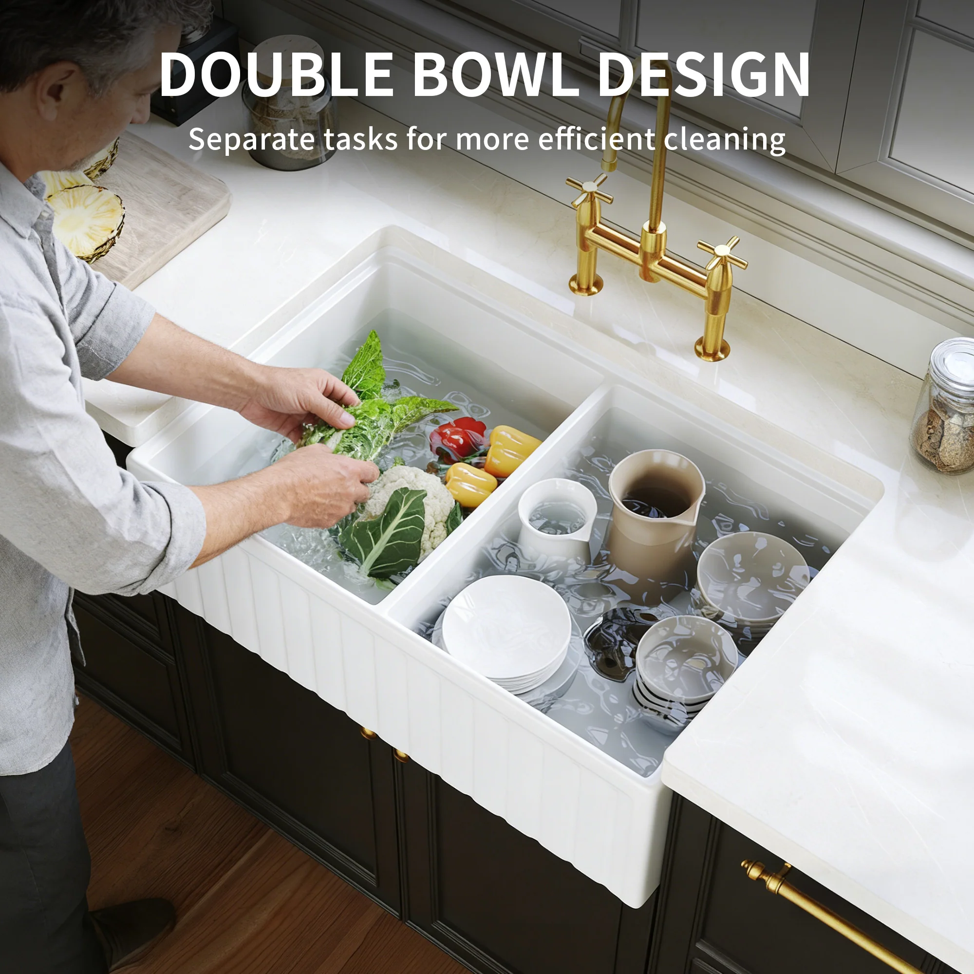 DeerValley DV-1K0486 33 in. Farmhouse 50/50 Double Bowl White Fireclay Workstation Kitchen Sink with Accessories - Image 12