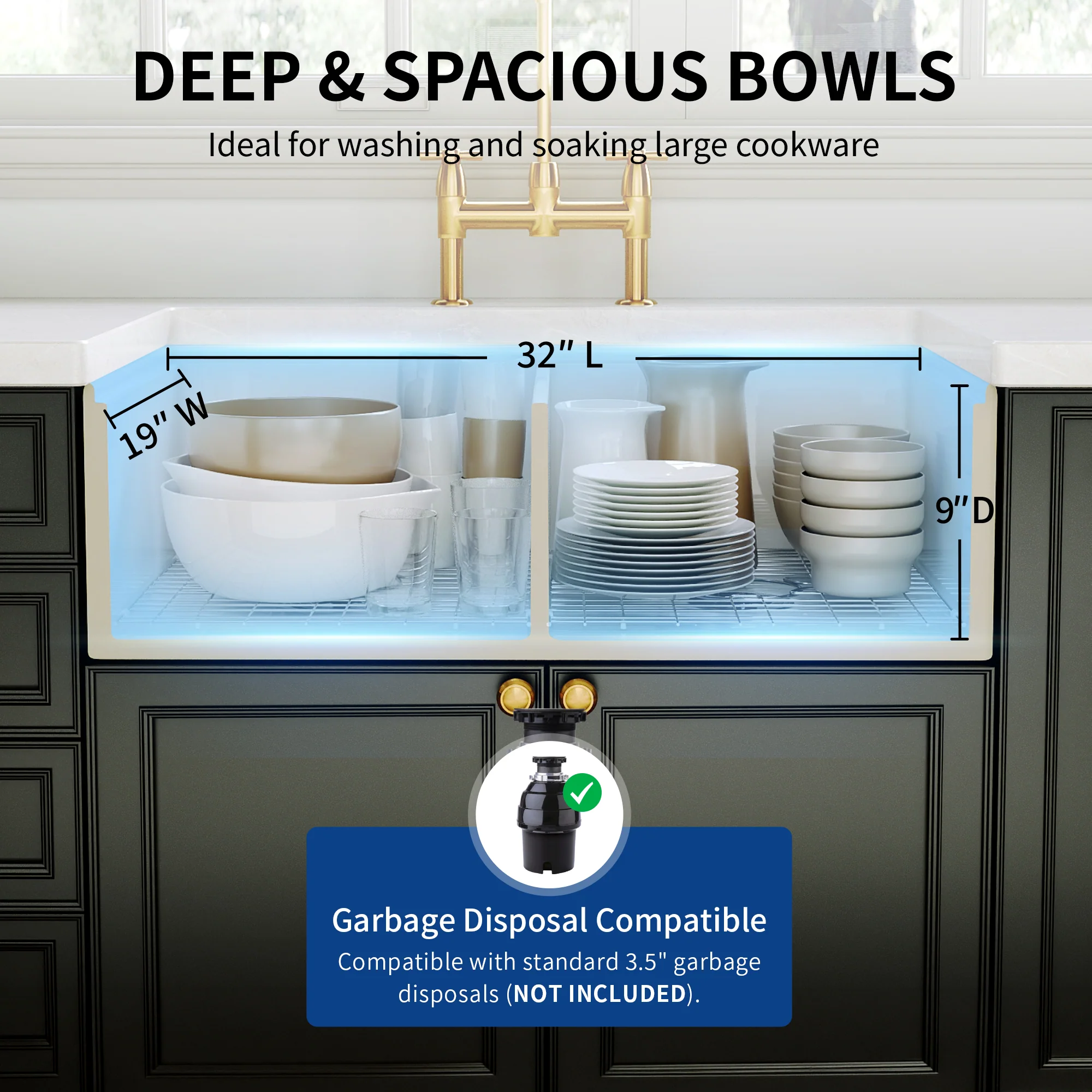 DeerValley DV-1K0486 33 in. Farmhouse 50/50 Double Bowl White Fireclay Workstation Kitchen Sink with Accessories - Image 3