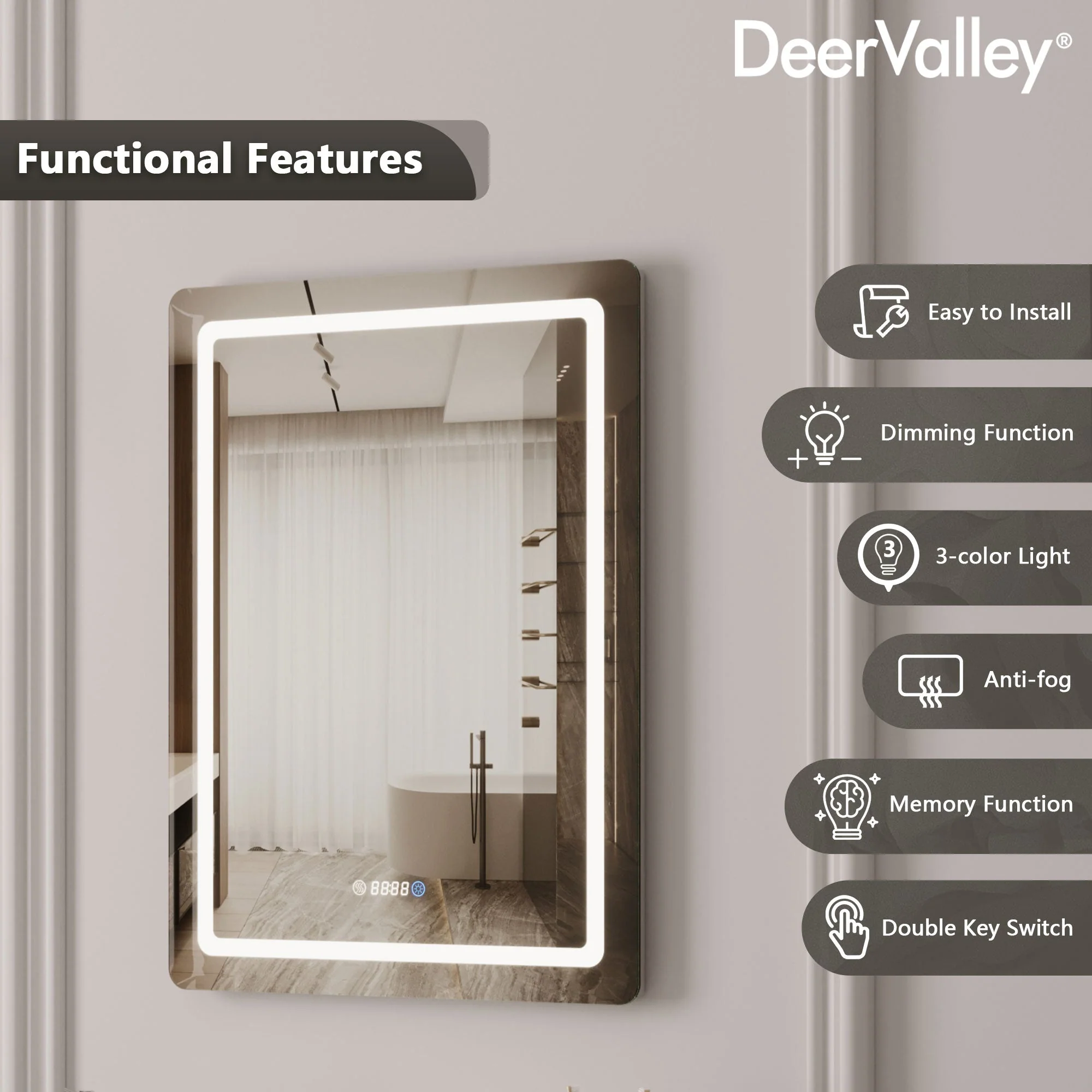 Led Bathroom Mirror with Lights,Smart Dimmable Vanity Mirrors for Wall, Anti-FogTime Mode Control Makeup Mirror - Image 2