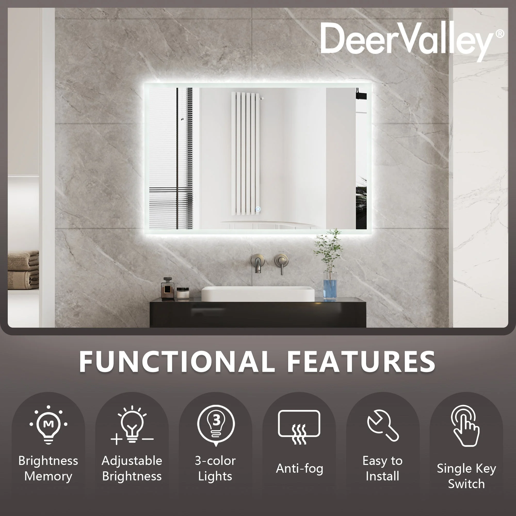 Led Bathroom Mirror with Lights, Smart Dimmable Vanity Mirrors for Wall, Anti-Fog Makeup Mirror - Image 2