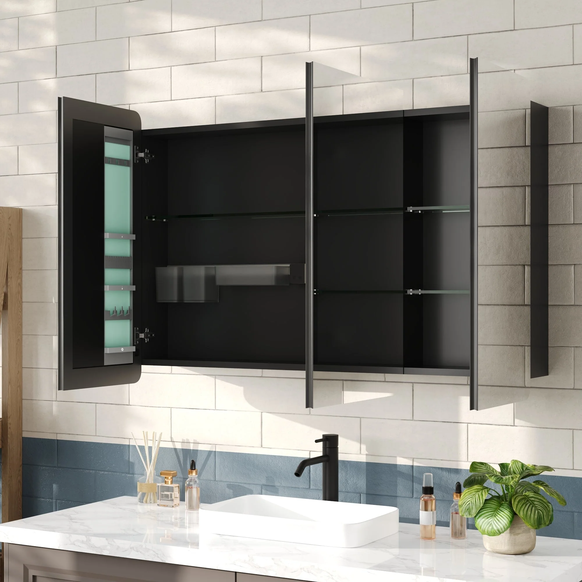 DeerValley Three-Door Wall-Mounted Mirror Cabinet with Black Aluminum Frame and Inner Storage - Image 2