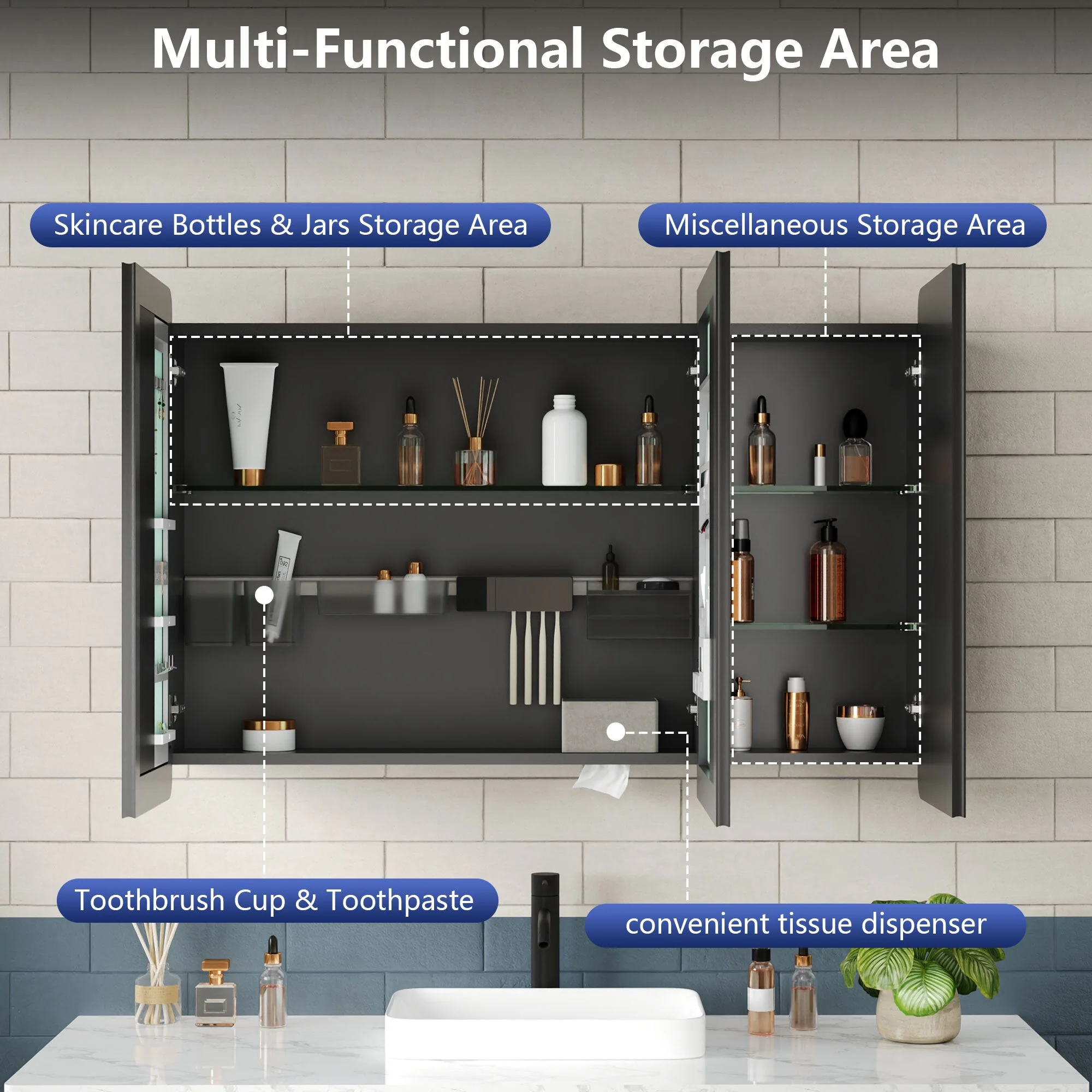 DeerValley Three-Door Wall-Mounted Mirror Cabinet with Black Aluminum Frame and Inner Storage - Image 3