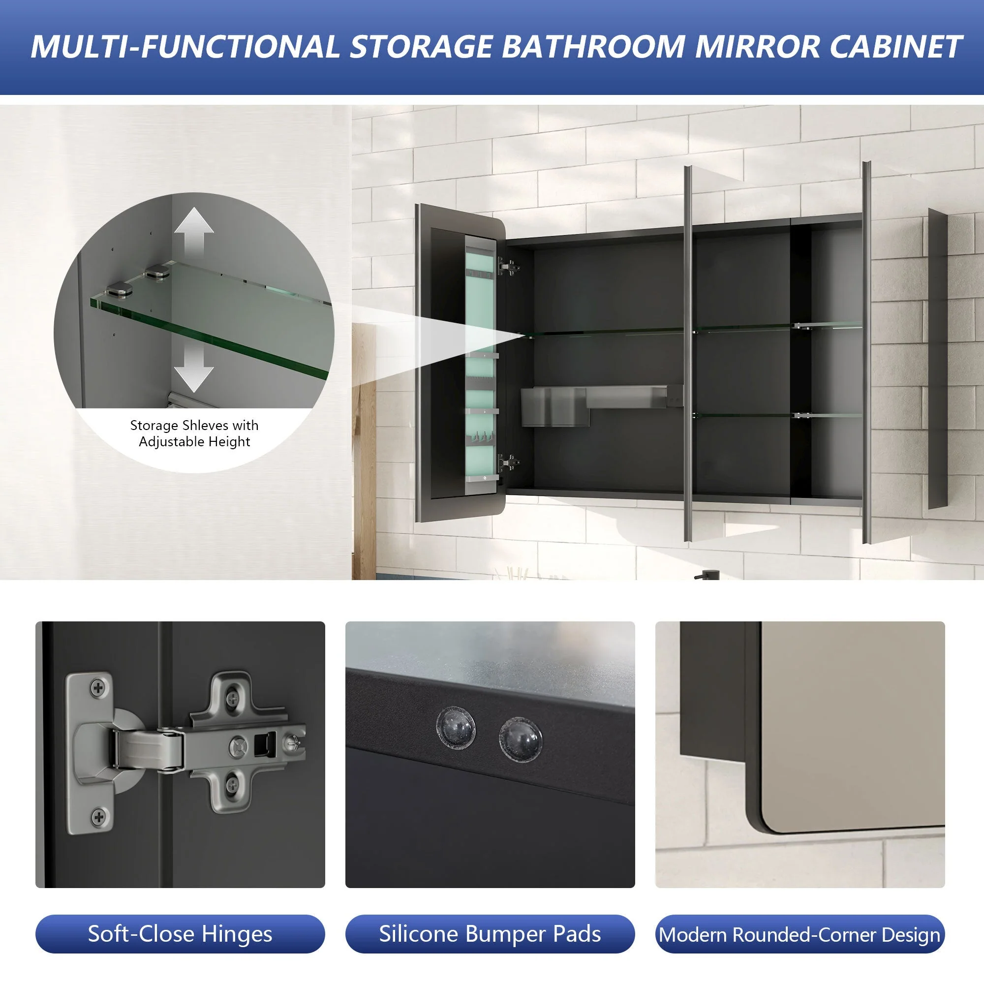 DeerValley Three-Door Wall-Mounted Mirror Cabinet with Black Aluminum Frame and Inner Storage - Image 4