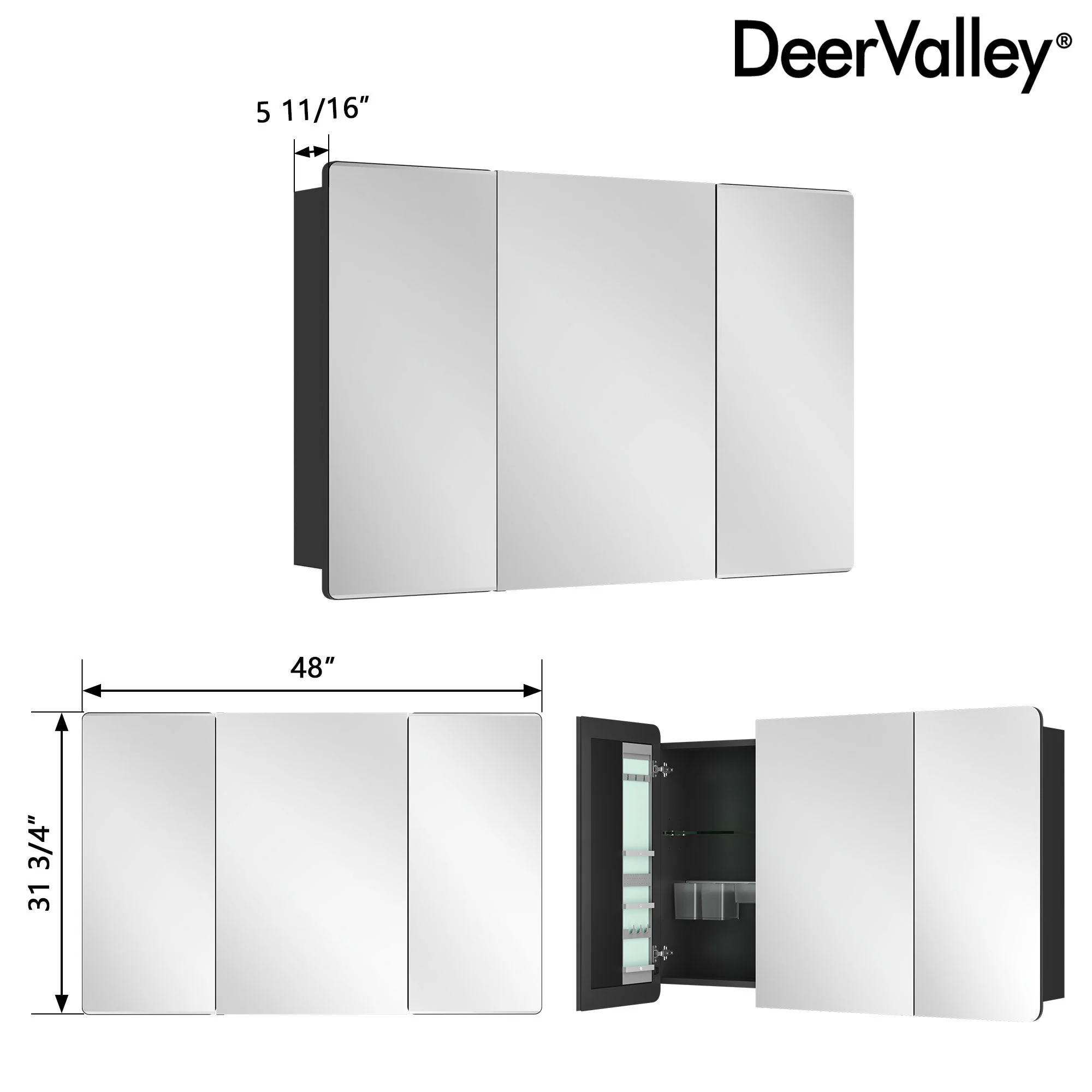 DeerValley Three-Door Wall-Mounted Mirror Cabinet with Black Aluminum Frame and Inner Storage - Image 8