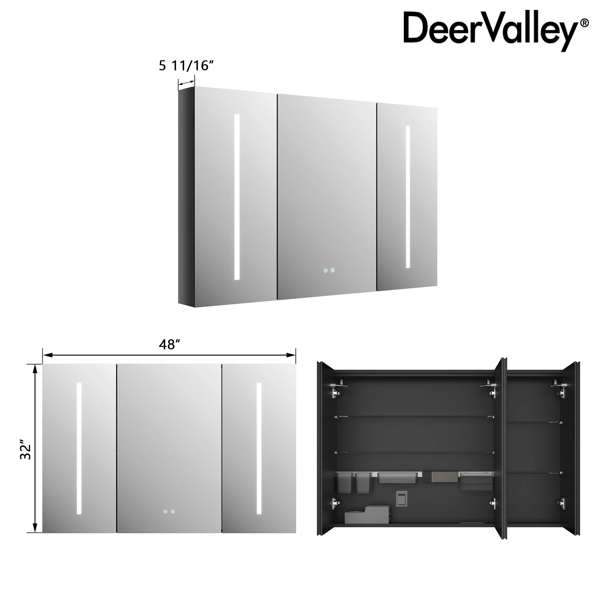 DeerValley Three-Door Wall-Mounted Mirror Cabinet with Black Aluminum Frame and Inner Storage - Image 9
