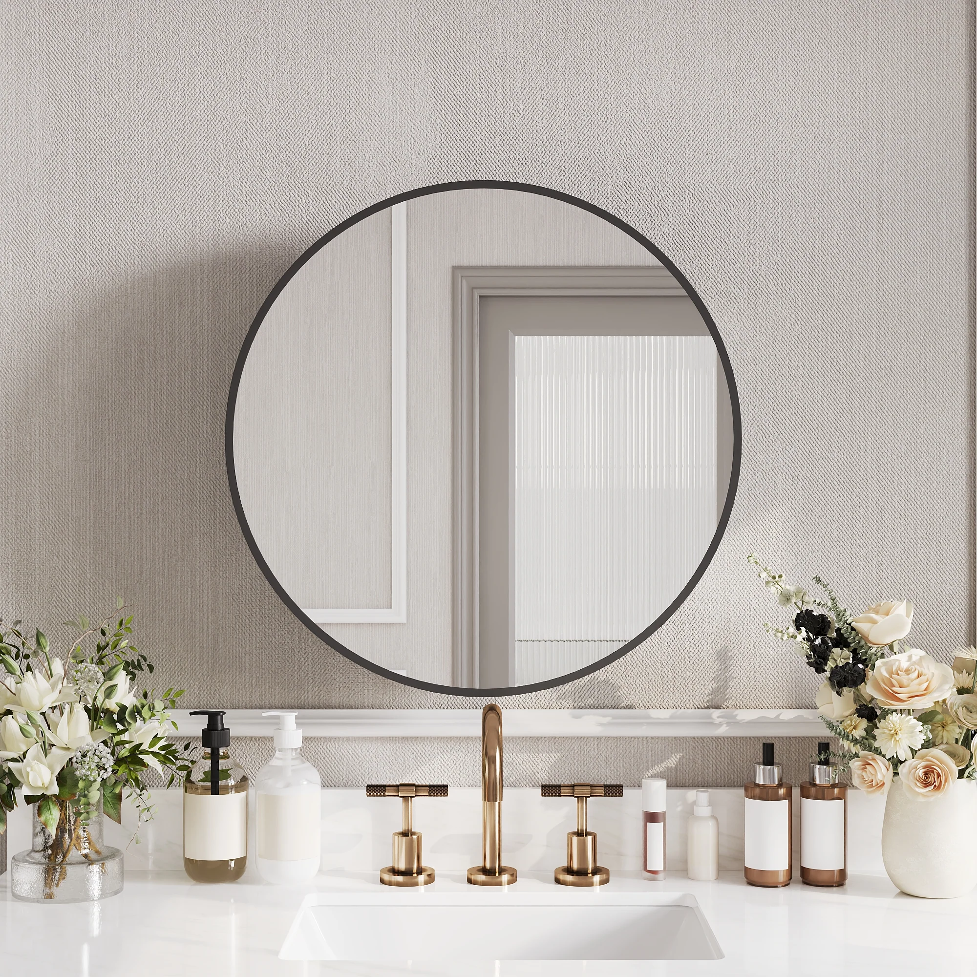 24" Round Door Aluminum Bathroom Medicine Cabinet, Wall Mounted Mirror Cabinet with Interior Mirror, Adjustable Glass Shelves, Rust-Resistant & Soft-Closing Hinge, Modern Space-Saving Design - Image 2