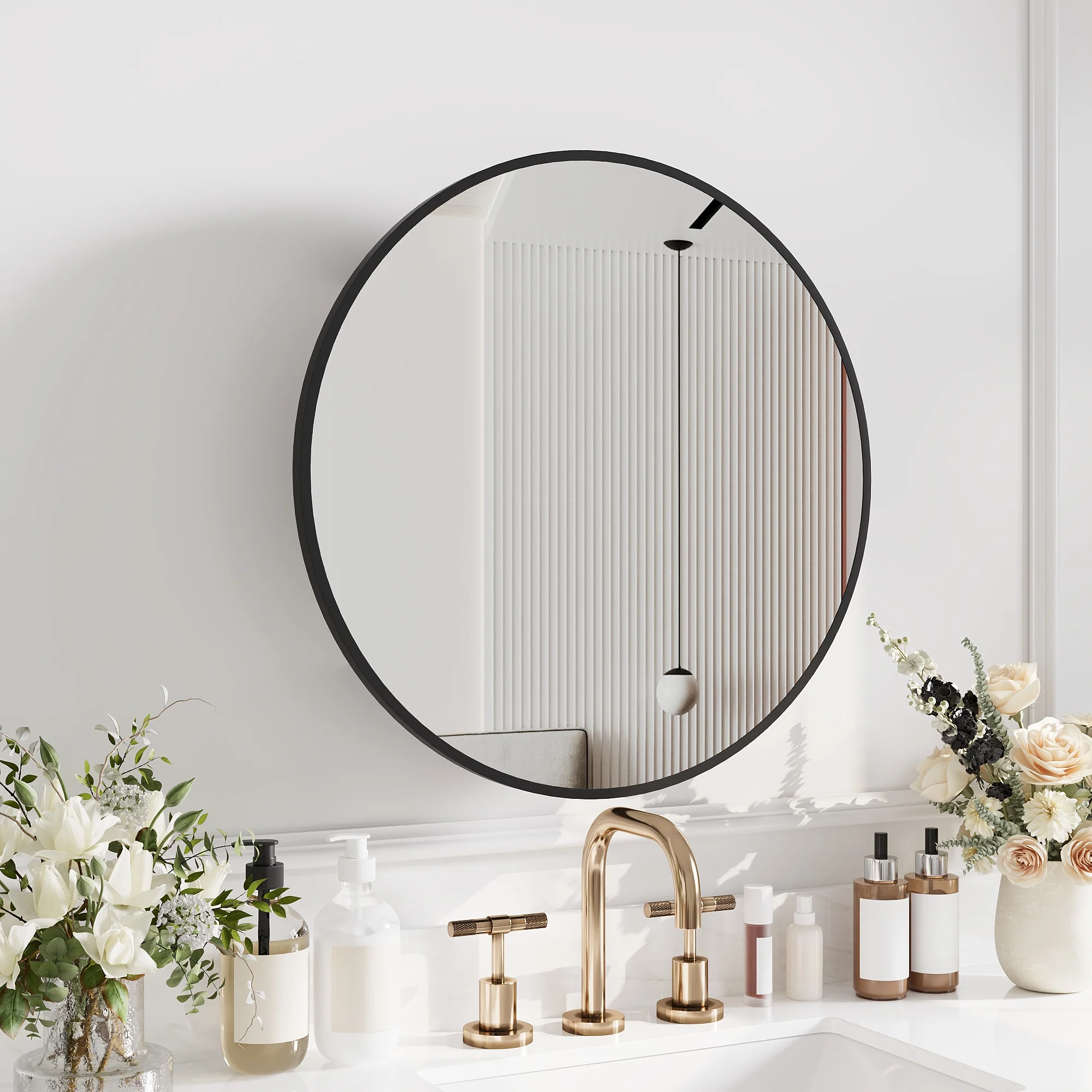 24" Round Door Aluminum Bathroom Medicine Cabinet, Wall Mounted Mirror Cabinet with Interior Mirror, Adjustable Glass Shelves, Rust-Resistant & Soft-Closing Hinge, Modern Space-Saving Design - Image 3