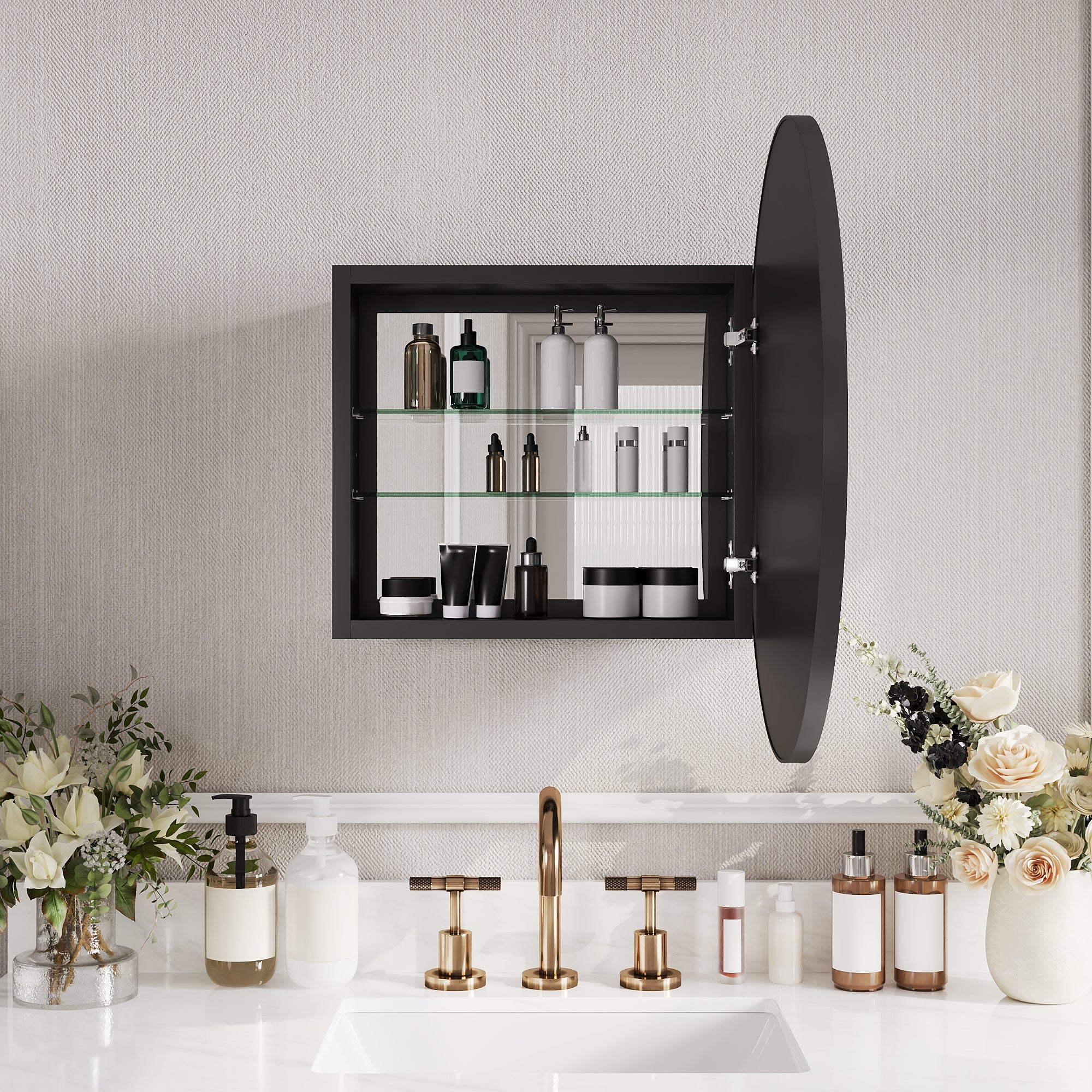 24" Round Door Aluminum Bathroom Medicine Cabinet, Wall Mounted Mirror Cabinet with Interior Mirror, Adjustable Glass Shelves, Rust-Resistant & Soft-Closing Hinge, Modern Space-Saving Design - Image 5