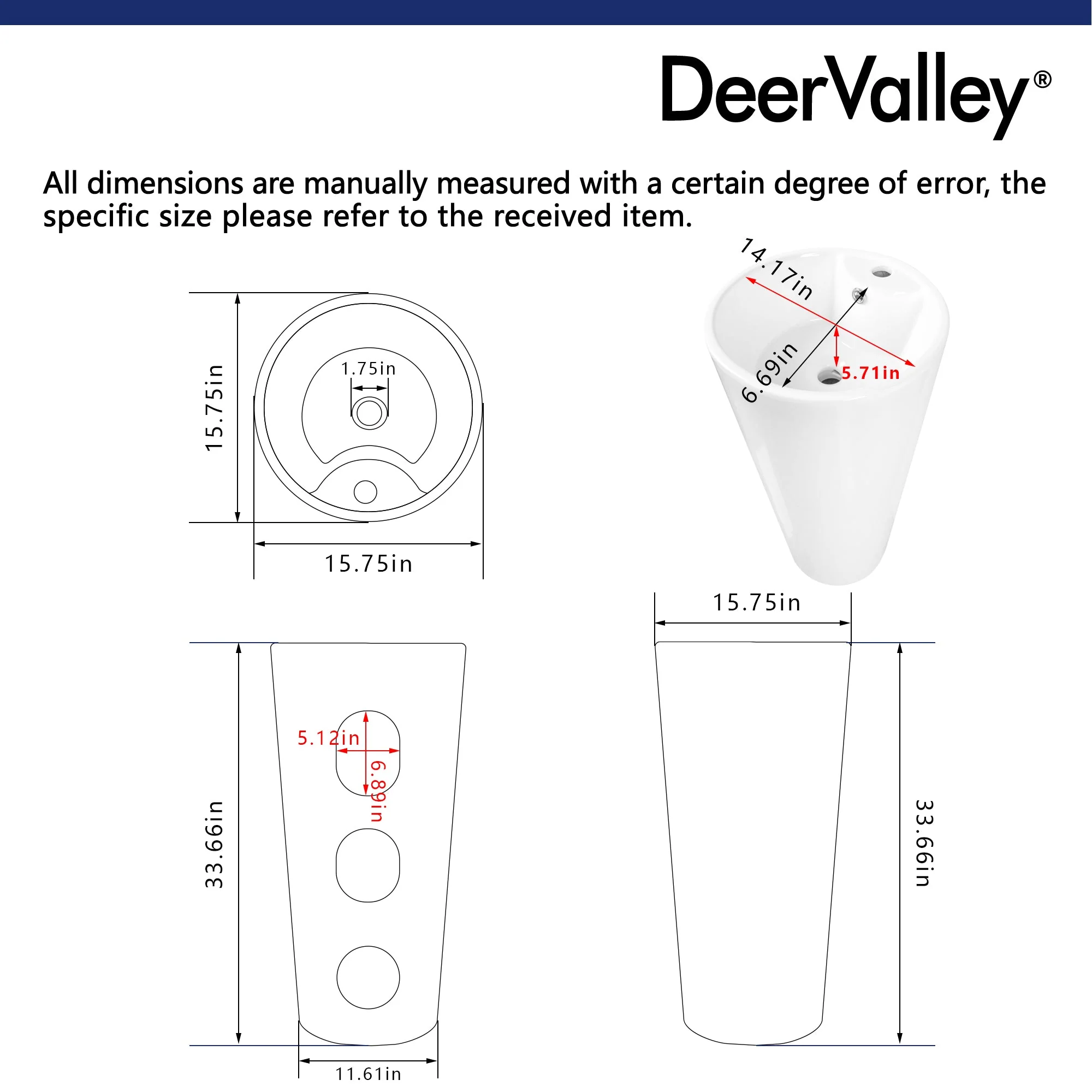 DeerValley DV-1P527 Pedestal Sinks, Minimalist Space-Saving Slim Design, Overflow & Single-Hole Faucet Ready - Image 7