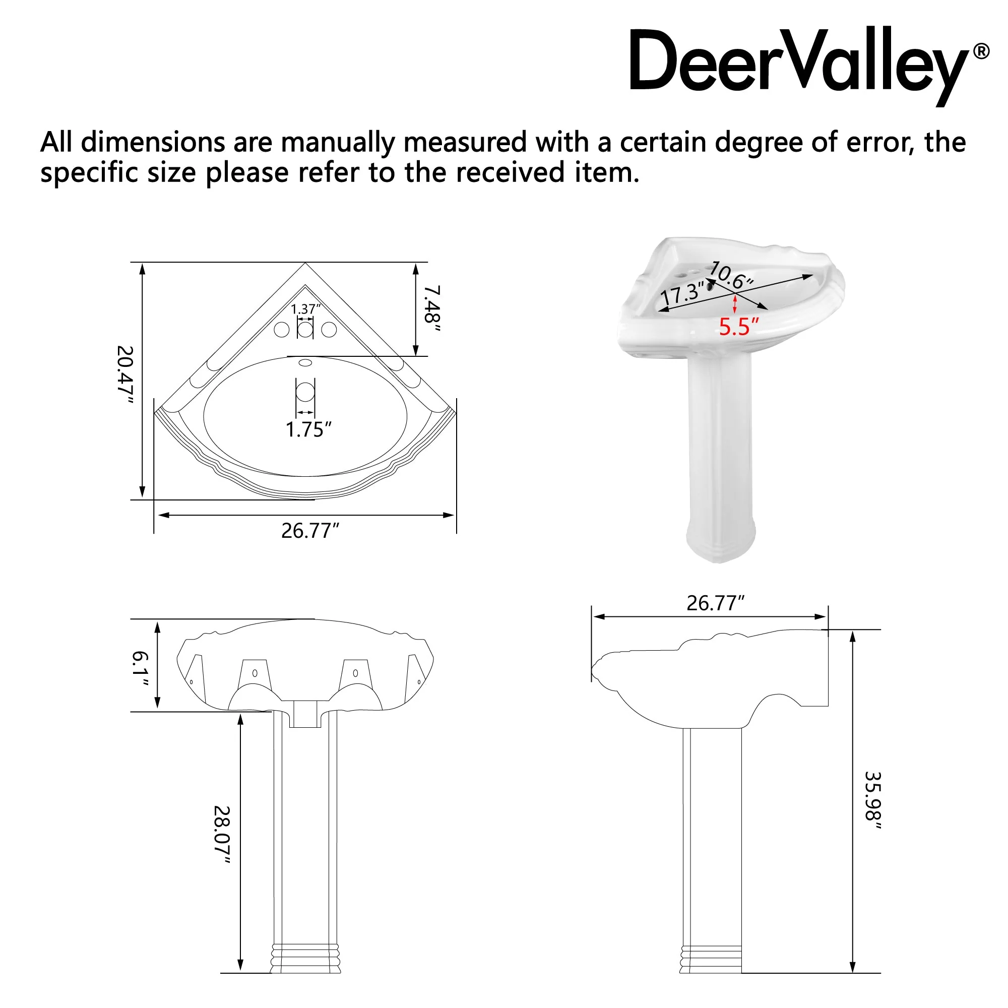 DeerValley DV-1P528 Pedestal Sinks Corner Space-Saving 3-Hole Overflow - Image 10