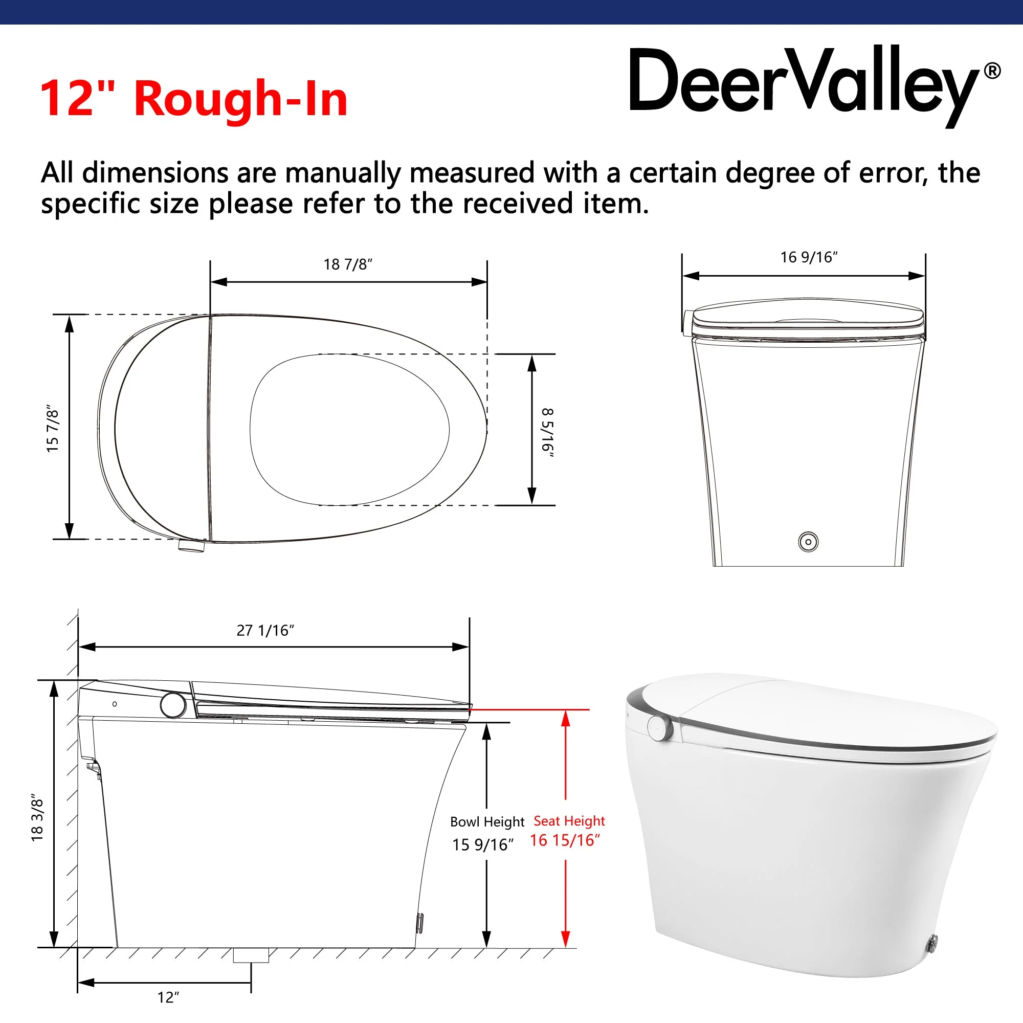 DeerValley DV-1S0019/V1/V3 Tankless Elongated Smart Toilet Quiet-Closed Heated Seat Sensor Auto, Foot Kick & Blackout Flush, Night Light - Image 4