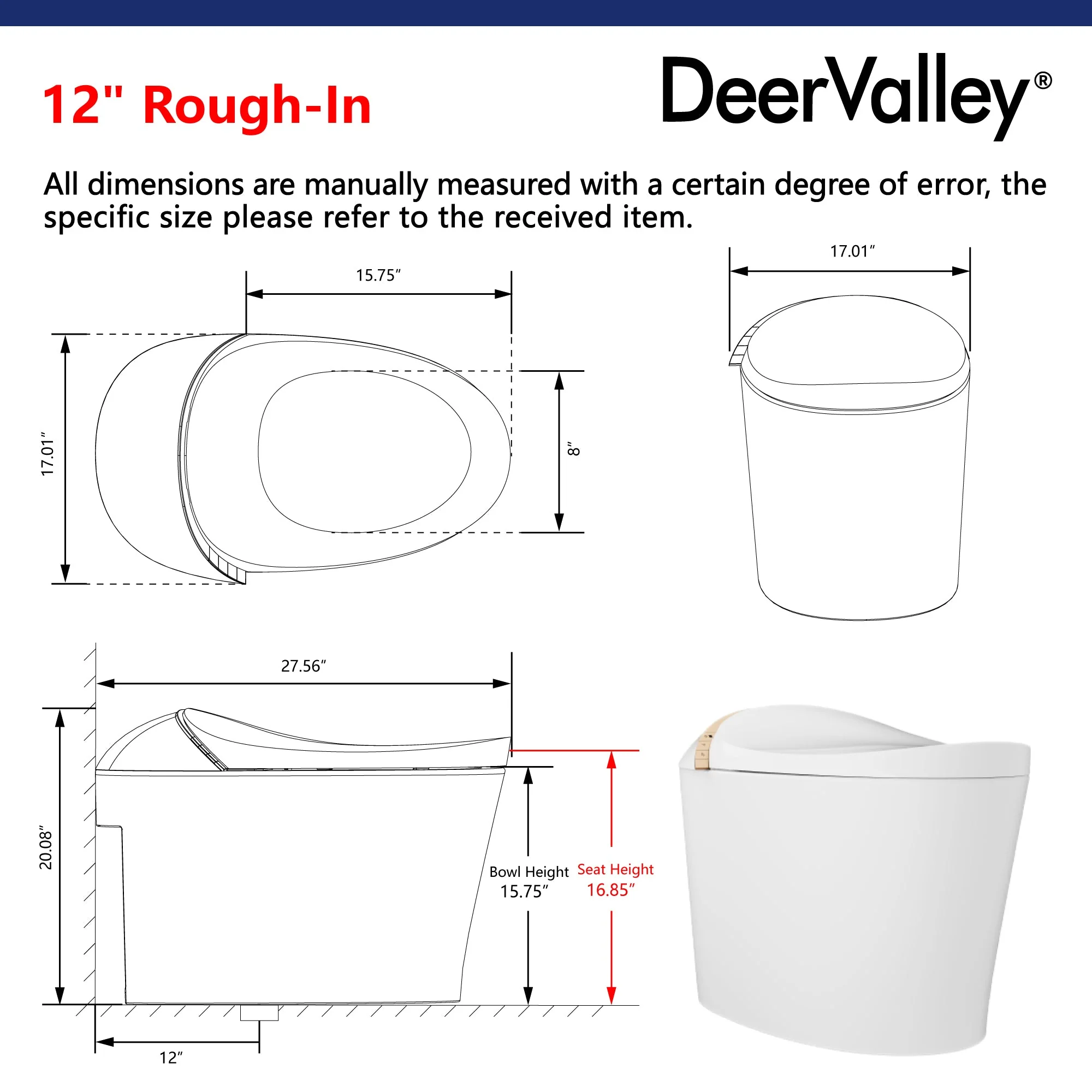 DeerValley DV-1S0160/V1/V3 Tankless Elongated Smart Toilet with Off-Seat Flush/Foot Sensor Flush, Automatic Tankless Toilet with Heated Seat, Warm Water Cleaning, Warm Air dryer - Image 5