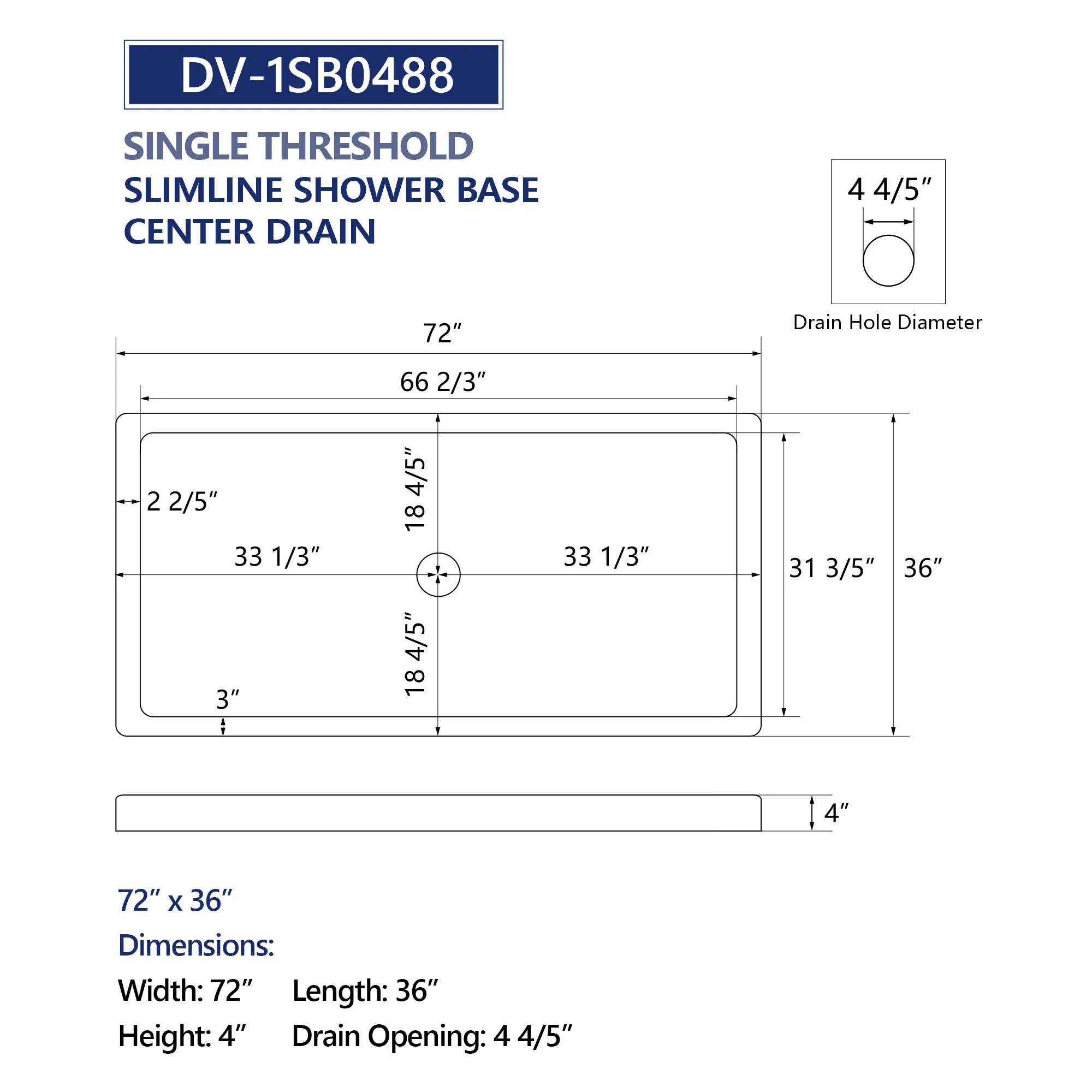 DeerValley DV-1SB0488 72"L x 36"W Shower Base in White, SMC Rectangle Single-Threshold Shower Pan, Center Drain, Non-Slip Shower Tray, Drain Cover Included - Image 4