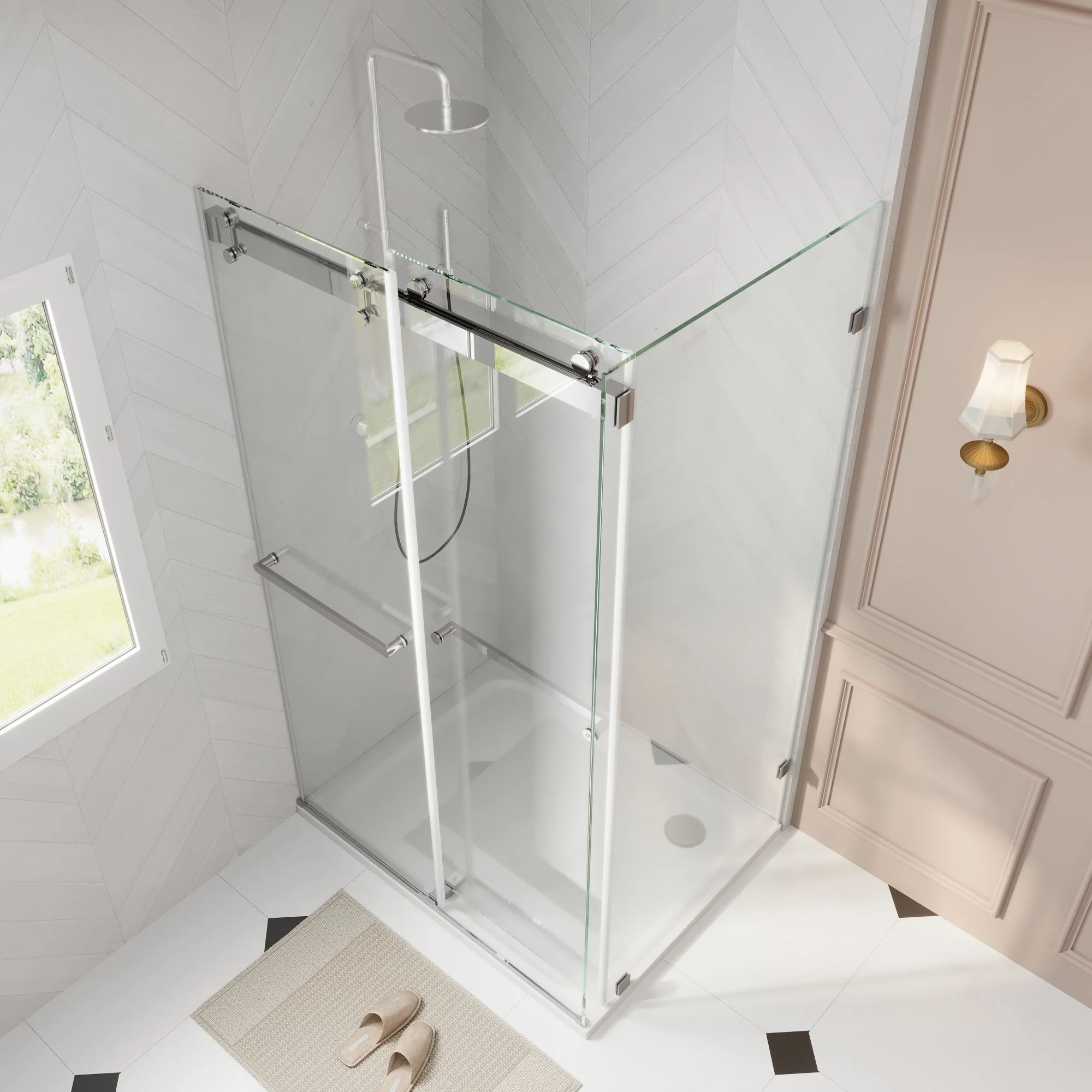 Sliding Frameless Shower Enclosure with 3/8" Clear Glass, Stainless Steel Accessories - Image 10