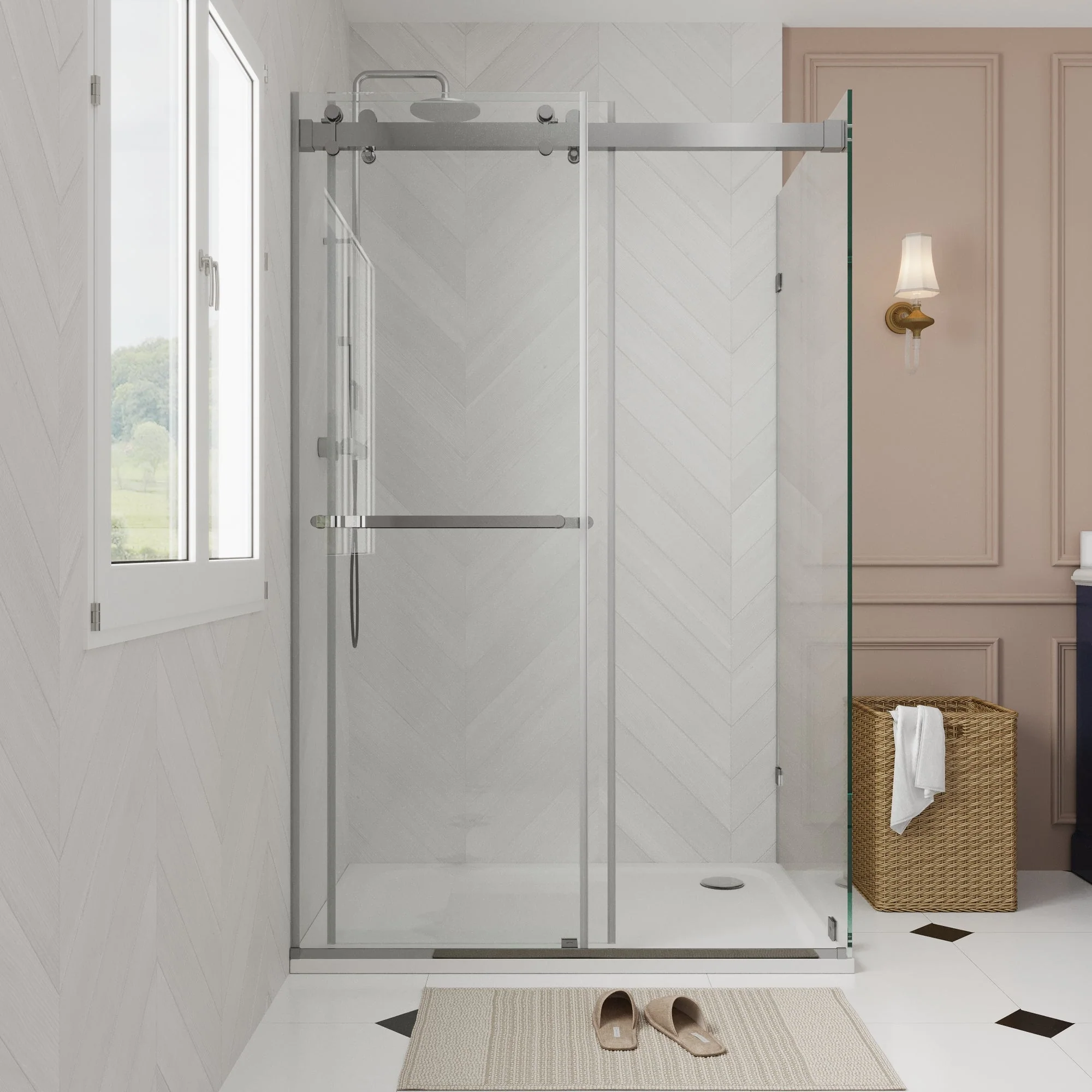 Sliding Frameless Shower Enclosure with 3/8" Clear Glass, Stainless Steel Accessories - Image 2