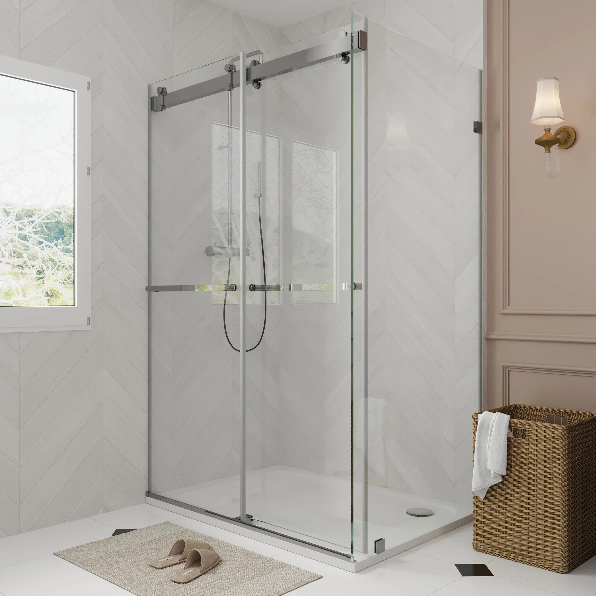 Sliding Frameless Shower Enclosure with 3/8" Clear Glass, Stainless Steel Accessories - Image 3