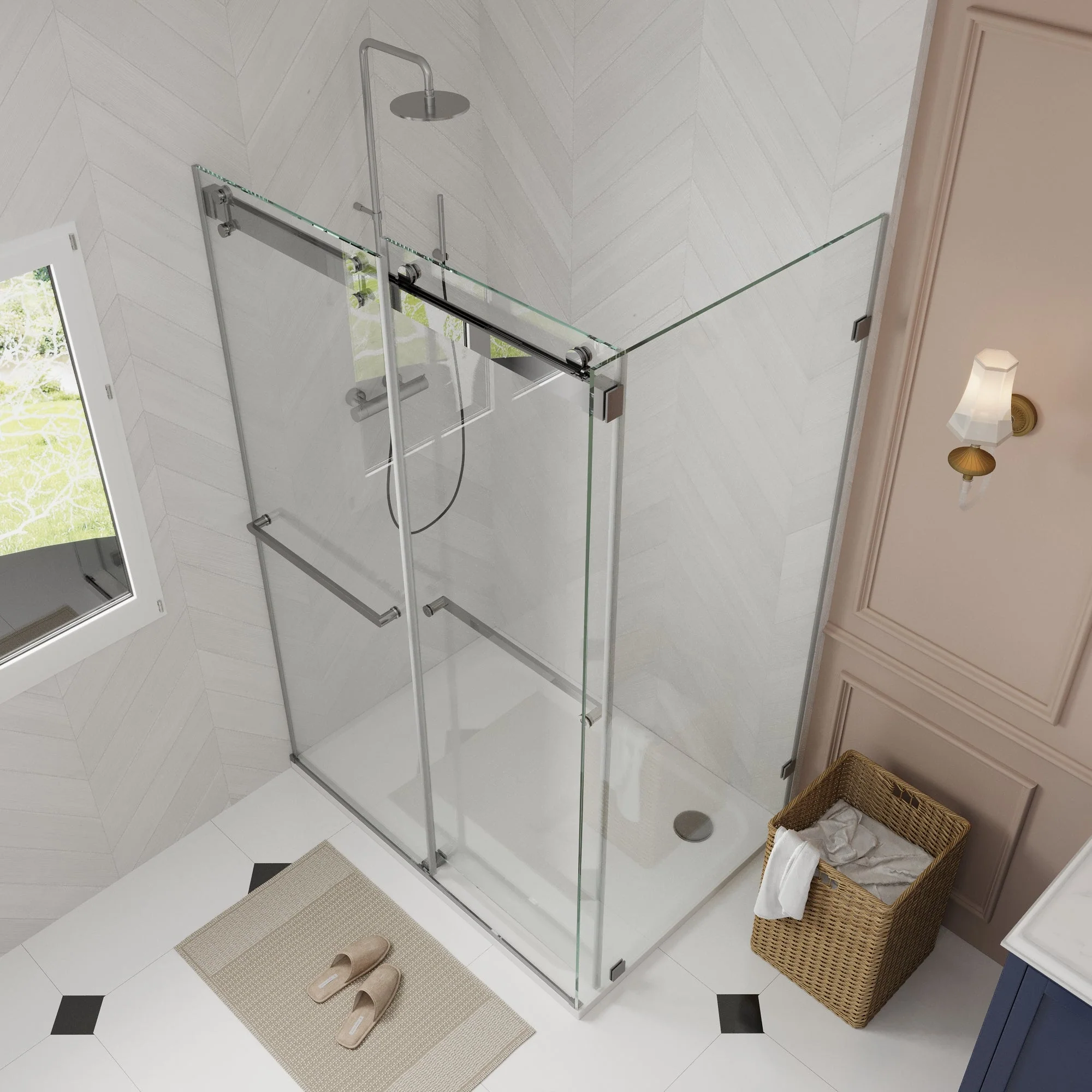 Sliding Frameless Shower Enclosure with 3/8" Clear Glass, Stainless Steel Accessories - Image 4