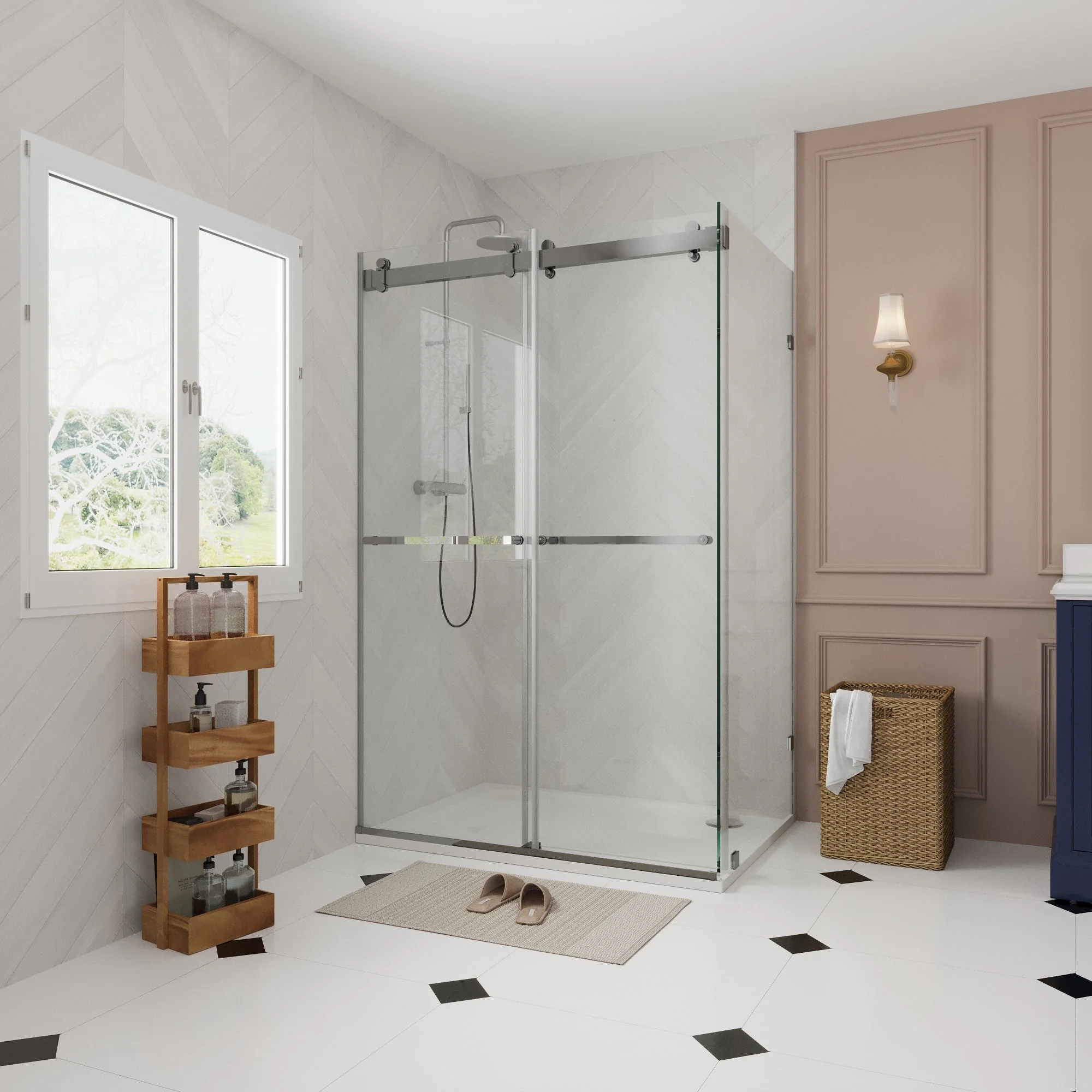 Sliding Frameless Shower Enclosure with 3/8" Clear Glass, Stainless Steel Accessories - Image 5