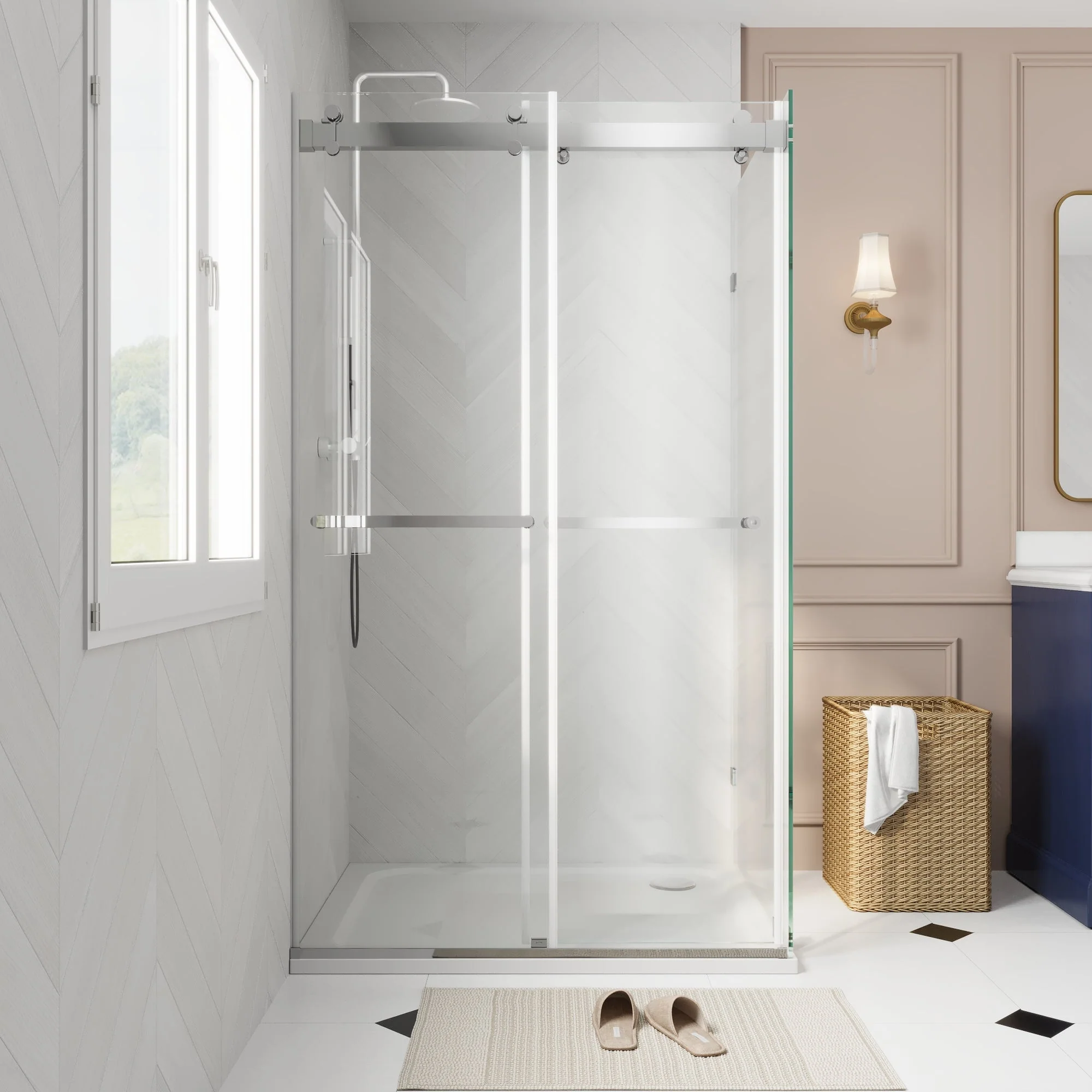 Sliding Frameless Shower Enclosure with 3/8" Clear Glass, Stainless Steel Accessories - Image 6