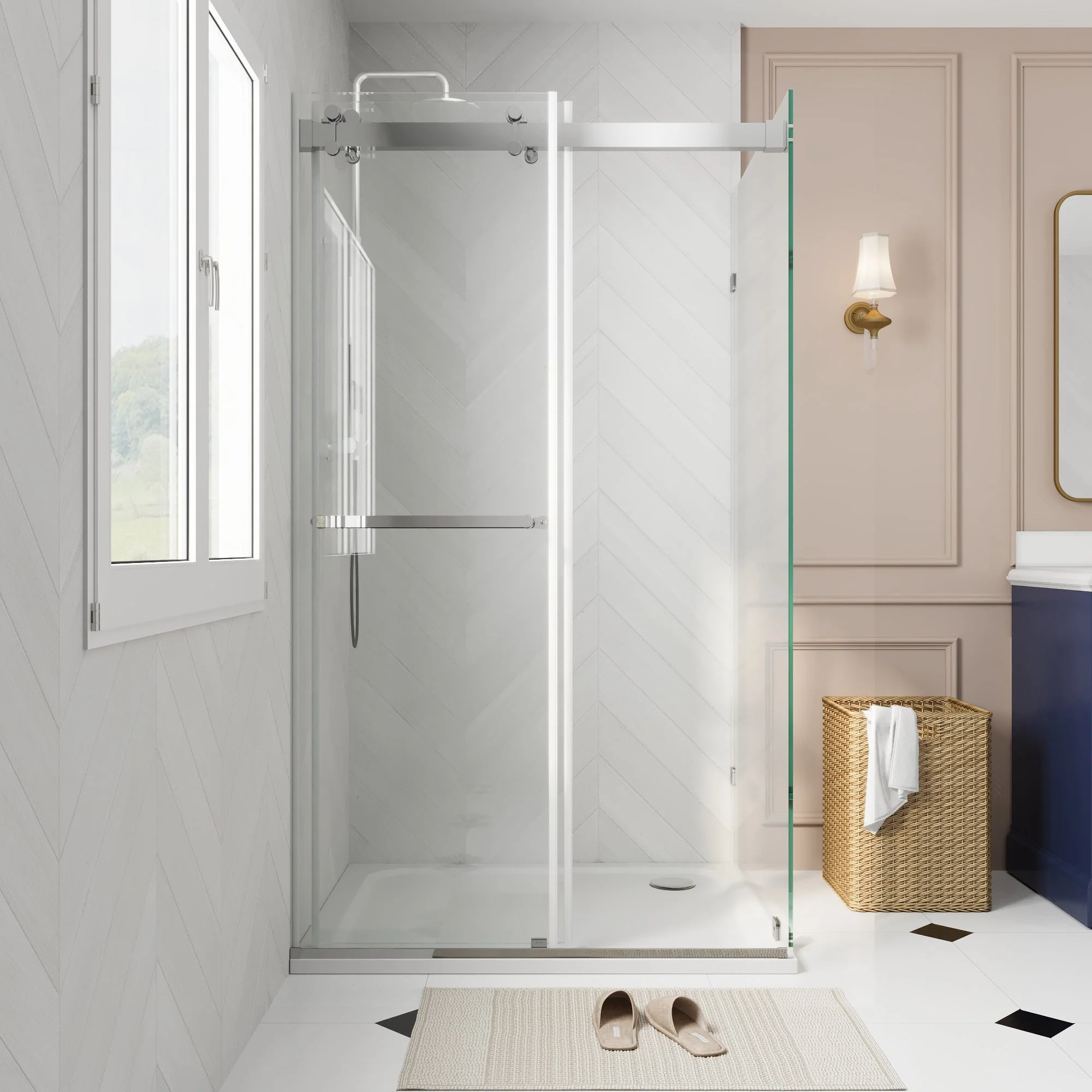 Sliding Frameless Shower Enclosure with 3/8" Clear Glass, Stainless Steel Accessories - Image 7