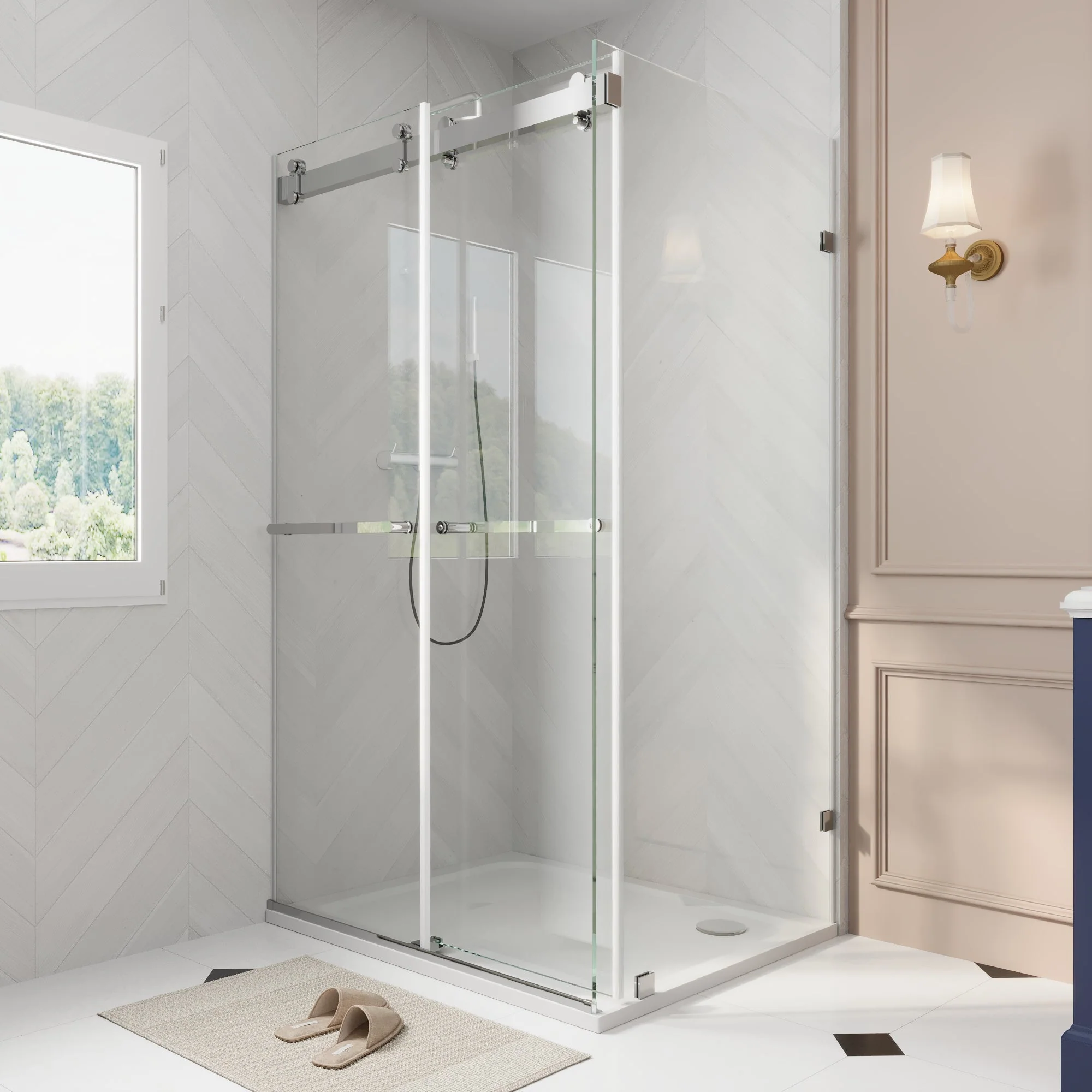 Sliding Frameless Shower Enclosure with 3/8" Clear Glass, Stainless Steel Accessories - Image 8