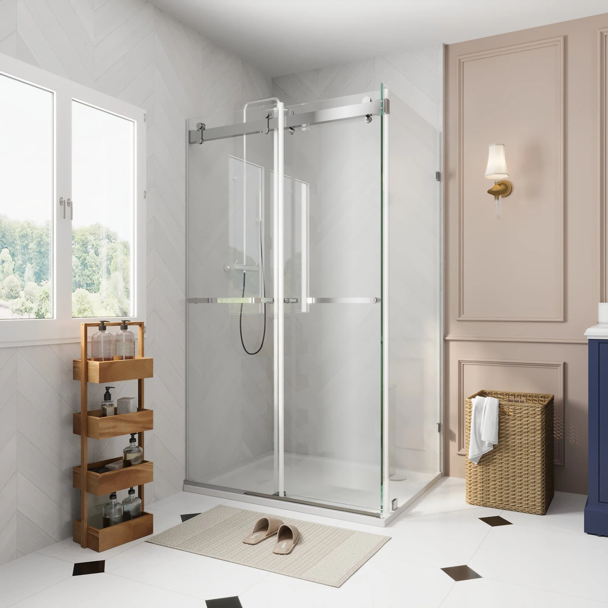 Sliding Frameless Shower Enclosure with 3/8" Clear Glass, Stainless Steel Accessories - Image 9