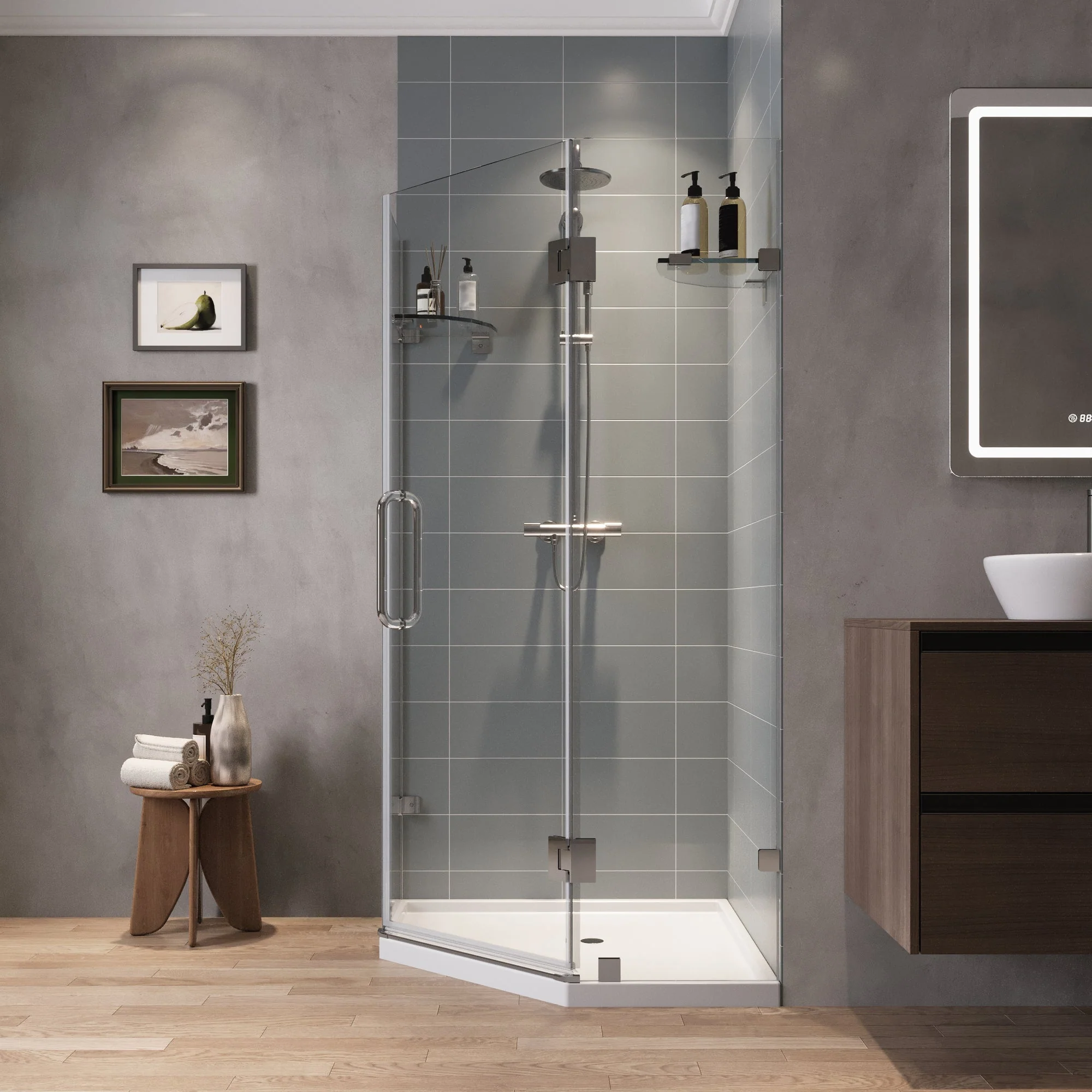 DYNASTY Frameless Neo-Angle Shower Enclosure, 0.39" Clear Tempered Glass, Stainless Steel Accessories - Image 4