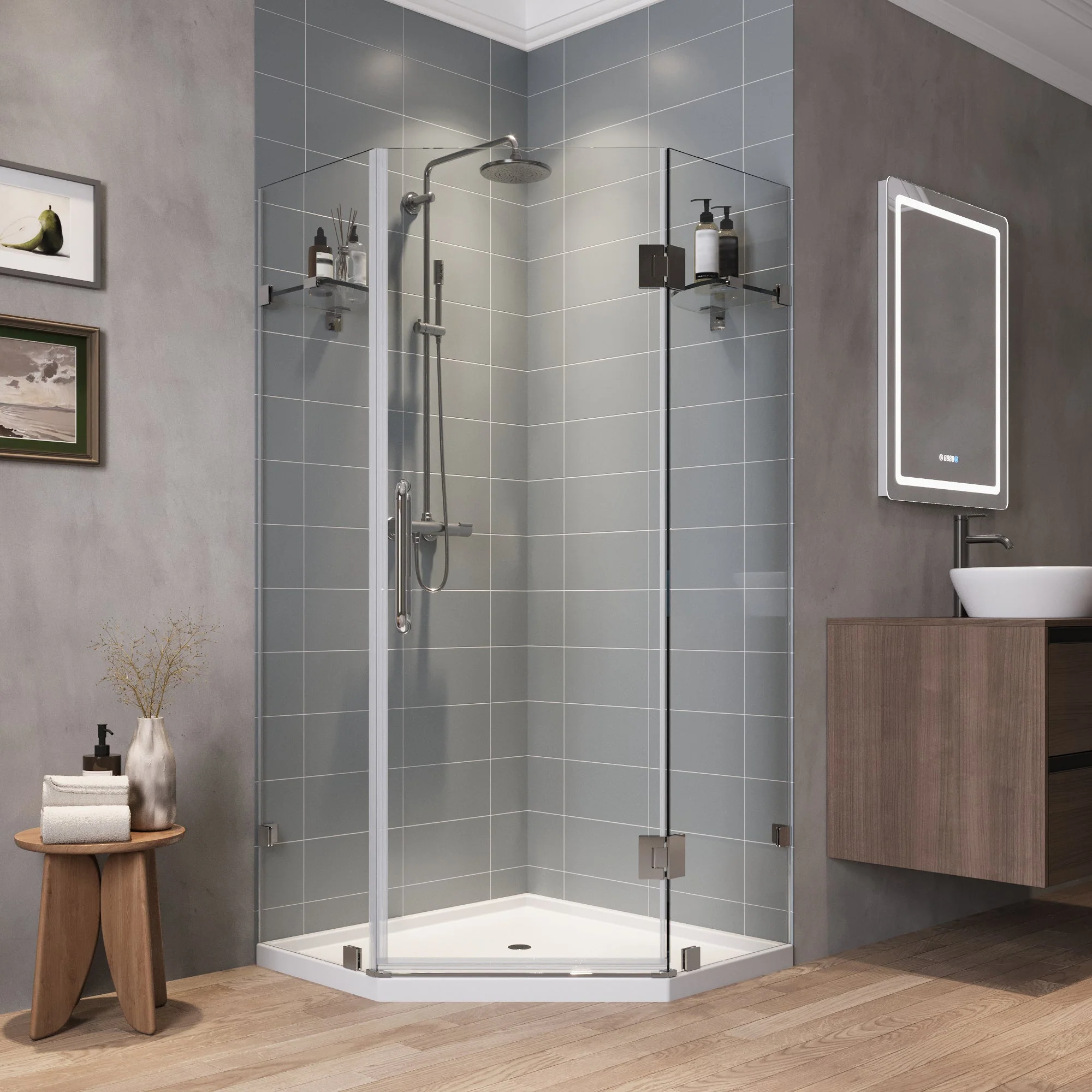 DYNASTY Frameless Neo-Angle Shower Enclosure, 0.39" Clear Tempered Glass, Stainless Steel Accessories - Image 5