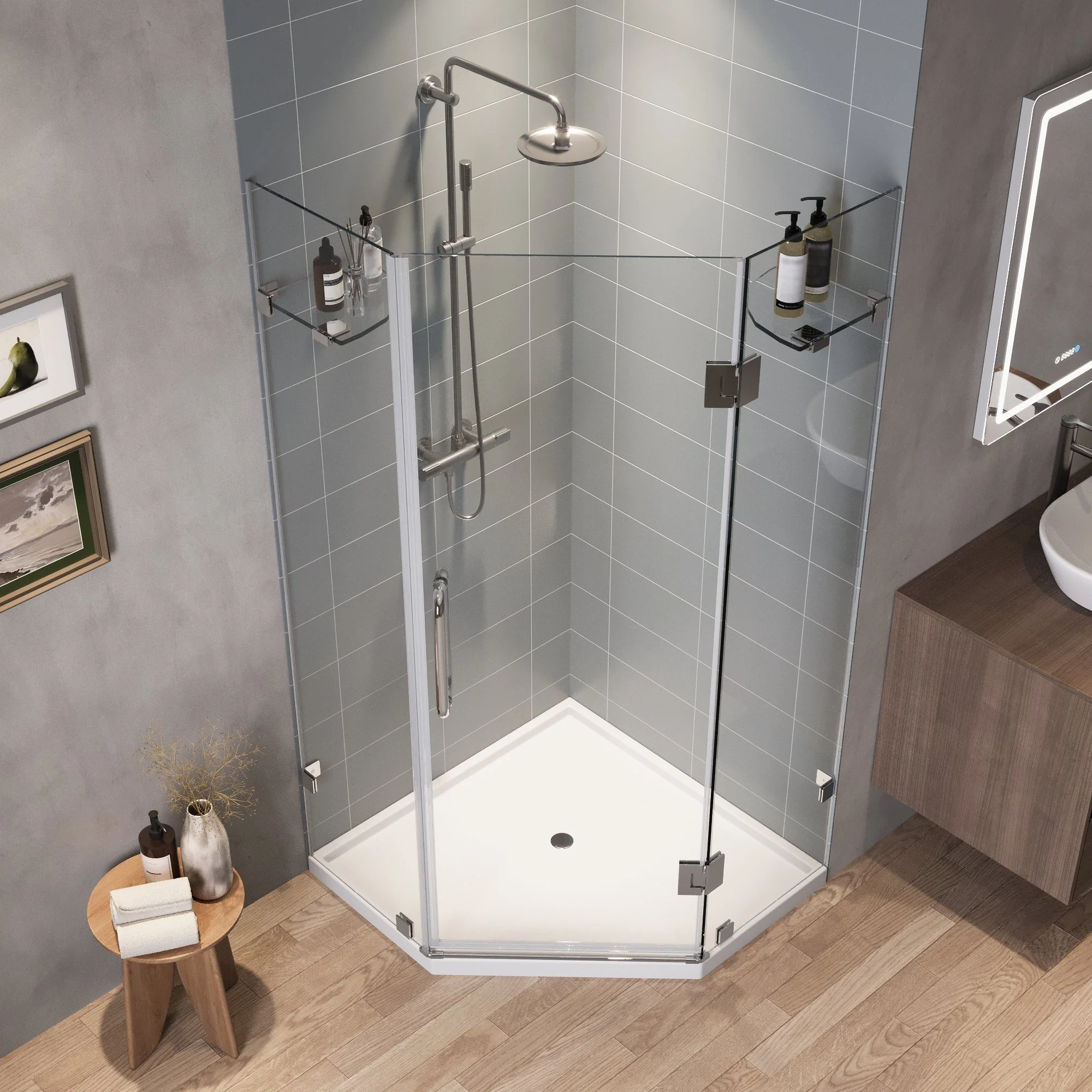 DYNASTY Frameless Neo-Angle Shower Enclosure, 0.39" Clear Tempered Glass, Stainless Steel Accessories - Image 6