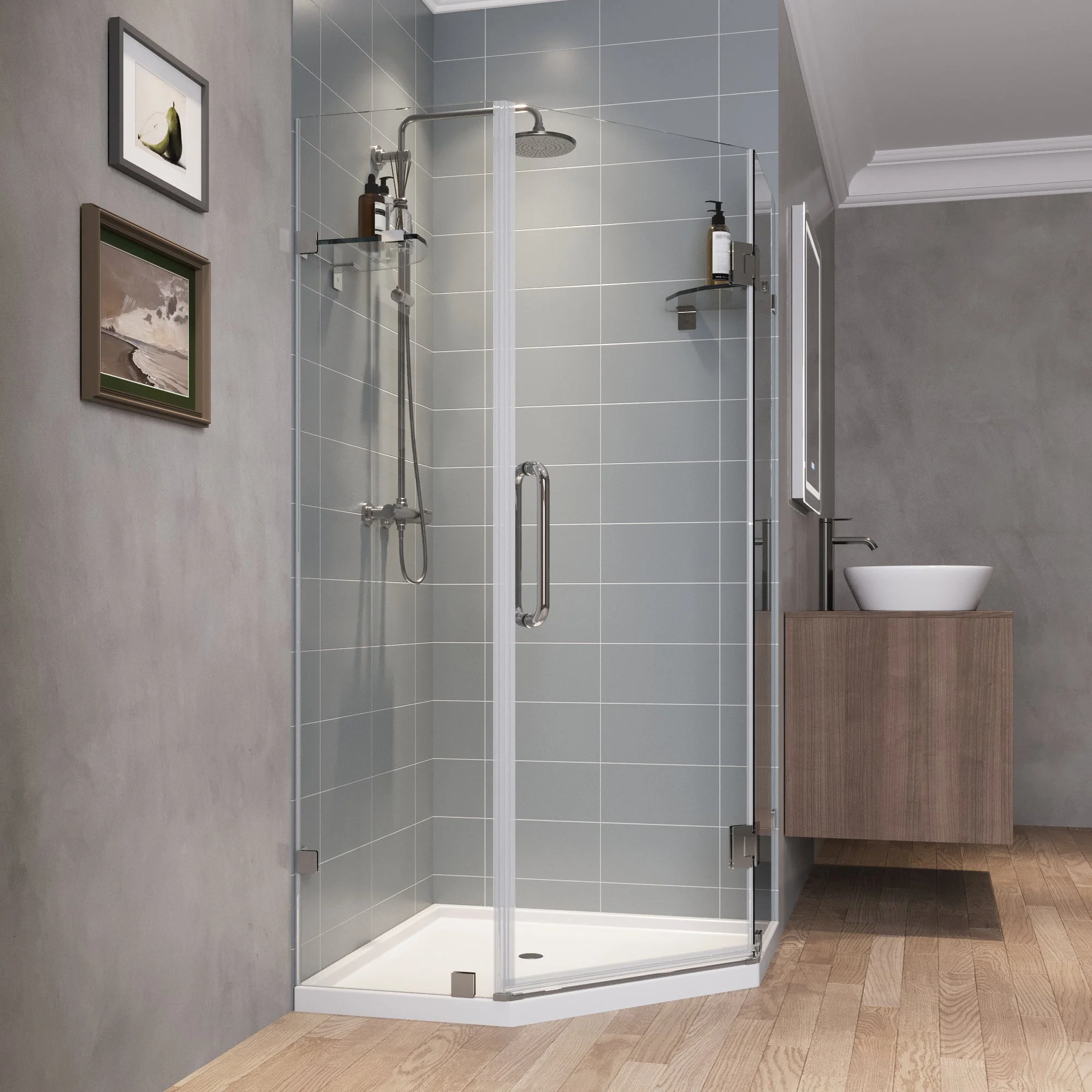 DYNASTY Frameless Neo-Angle Shower Enclosure, 0.39" Clear Tempered Glass, Stainless Steel Accessories - Image 7