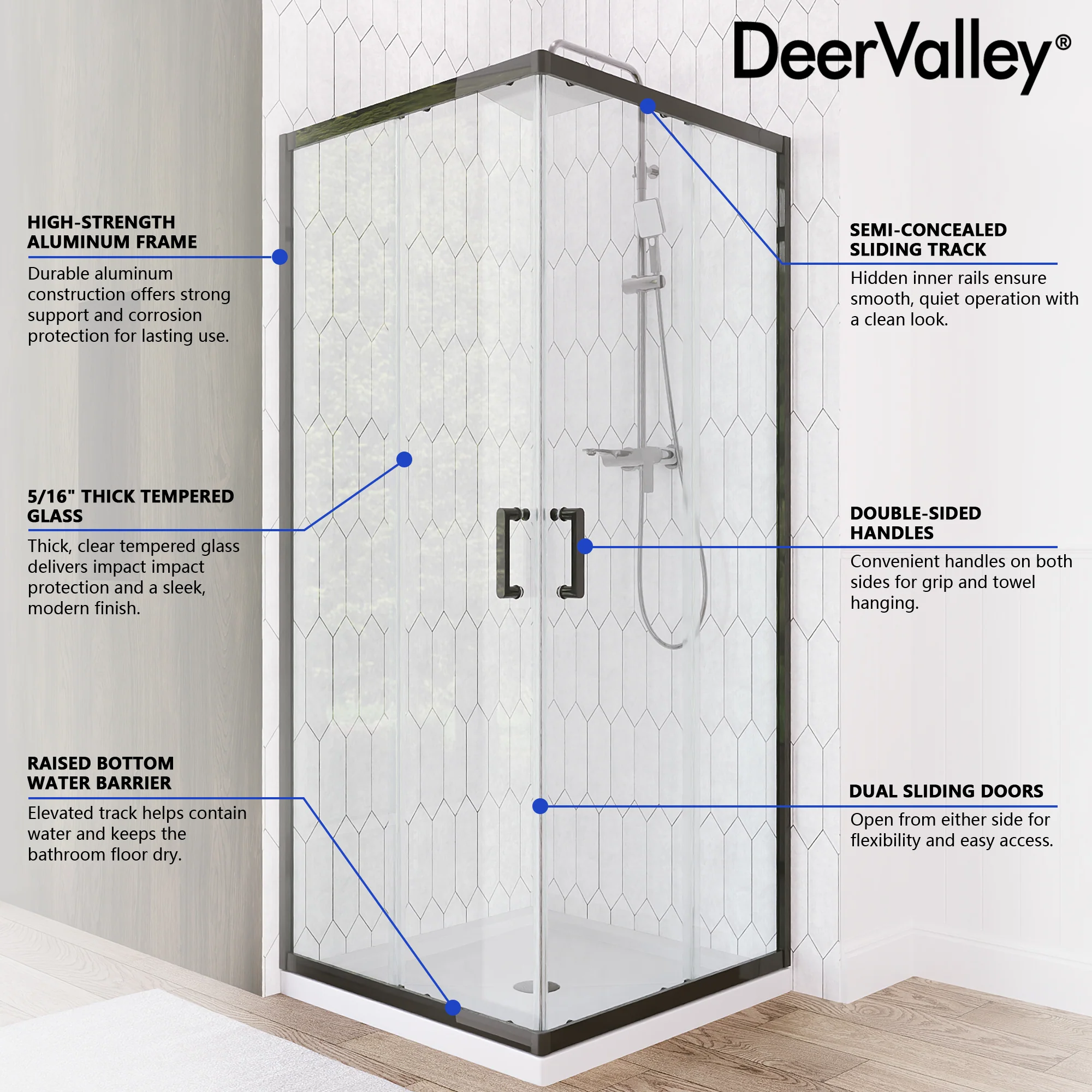 DeerValley DV-1SD0213B06 Corner Shower Enclosure, 34 in. D x 34 in. W x 72 in. H Double Sliding Corner Shower Door with 1/4 in. Tempered Glass, Sliding Shower Enclosure, Matte Black. - Image 14
