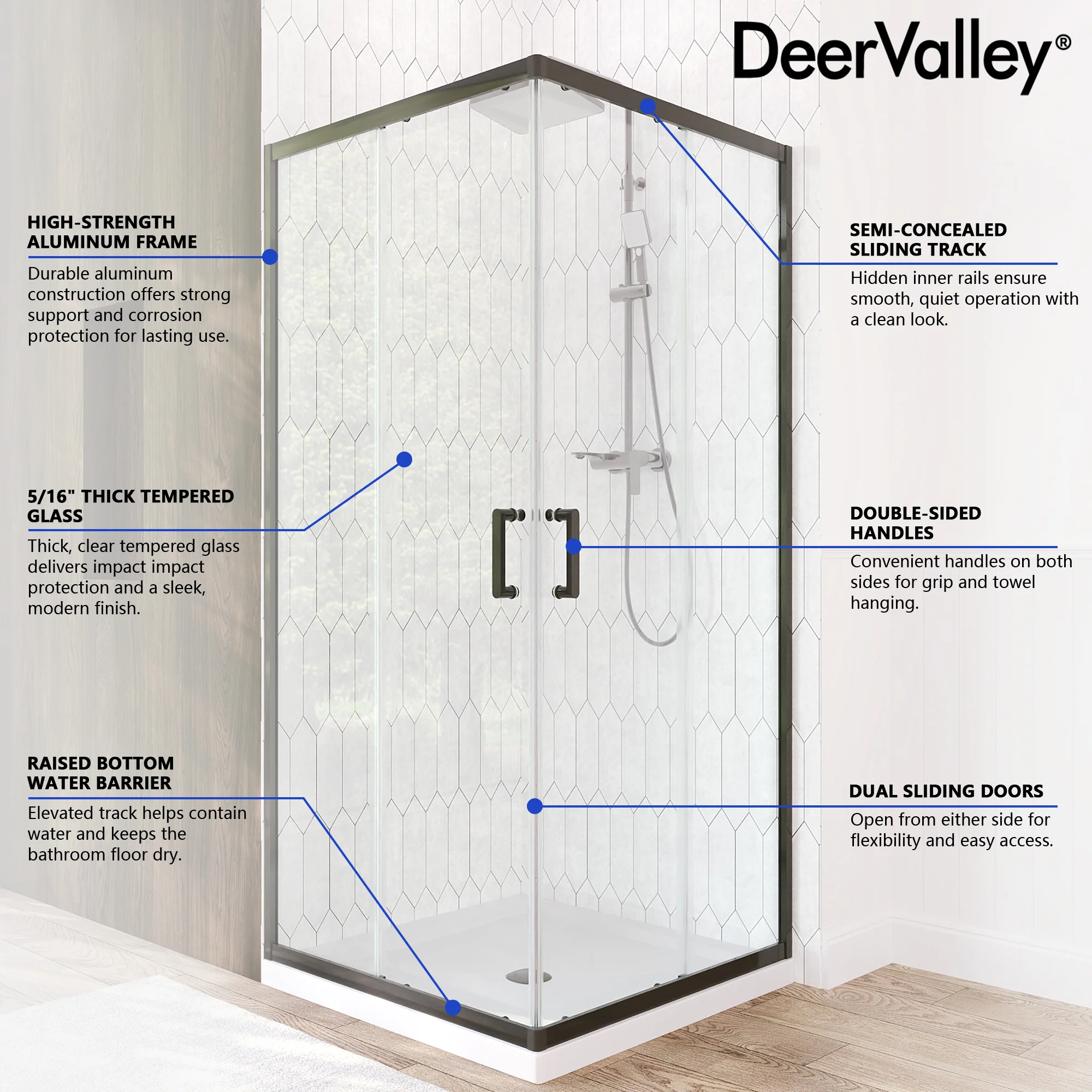 DeerValley DV-1SD0215B08 Corner Shower Enclosure,36 in.D x 36 in. W x 72 in. H Double Sliding Corner Shower Door with 5/16 in. Tempered Glass, Sliding Shower Enclosure, Matte Black - Image 13