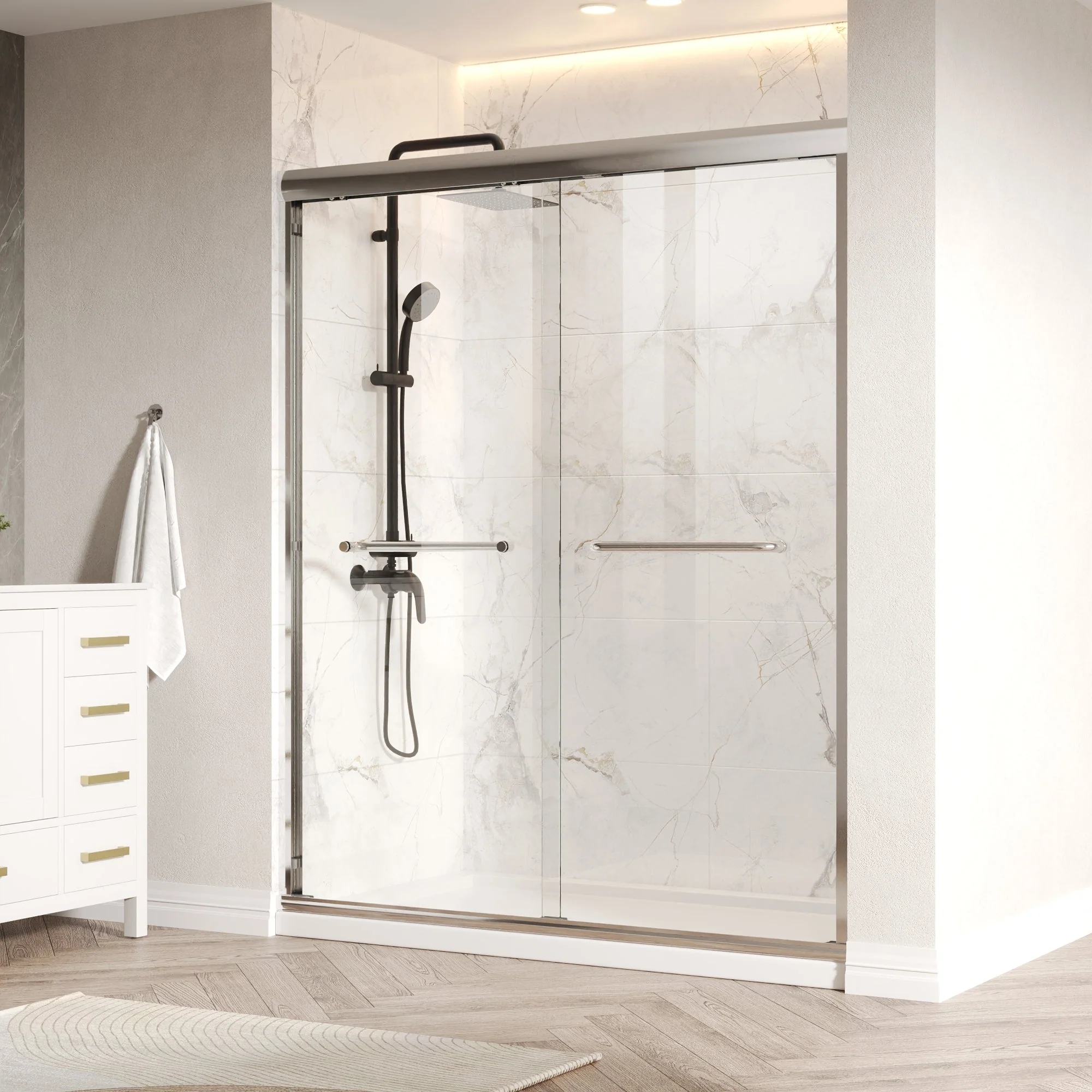 56 in. - 60 in. W x 76 in. H Semi-Frameless Sliding Shower Door,Silver Finish / Black Finish - Image 3