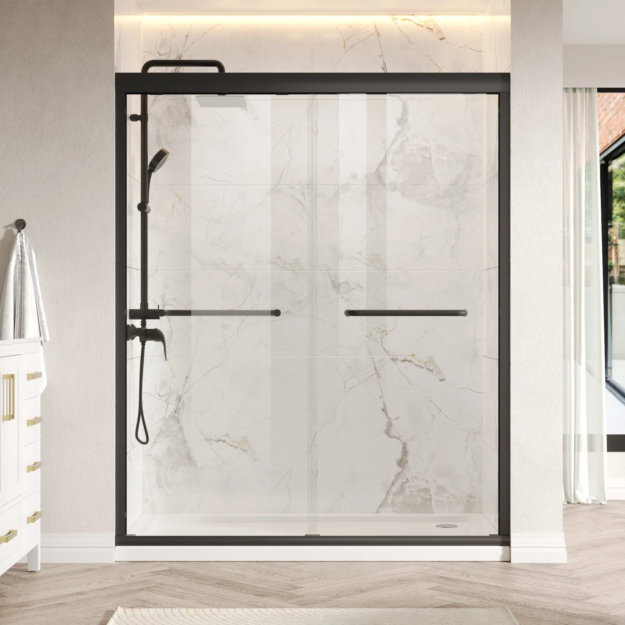 56 in. - 60 in. W x 76 in. H Semi-Frameless Sliding Shower Door,Silver Finish / Black Finish - Image 4