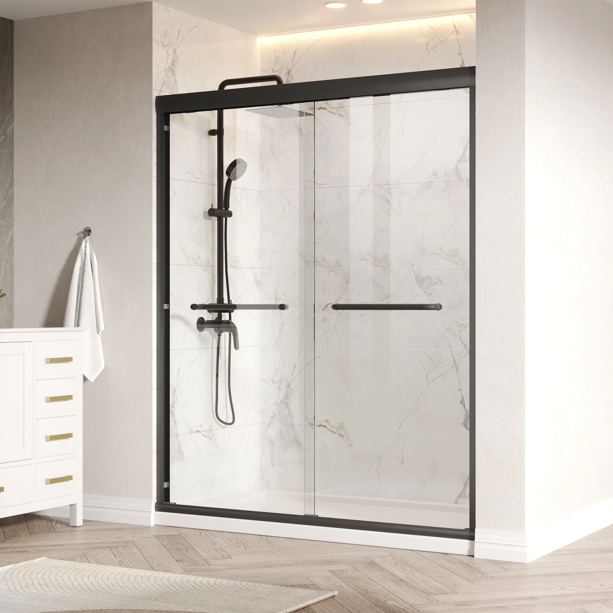56 in. - 60 in. W x 76 in. H Semi-Frameless Sliding Shower Door,Silver Finish / Black Finish - Image 5