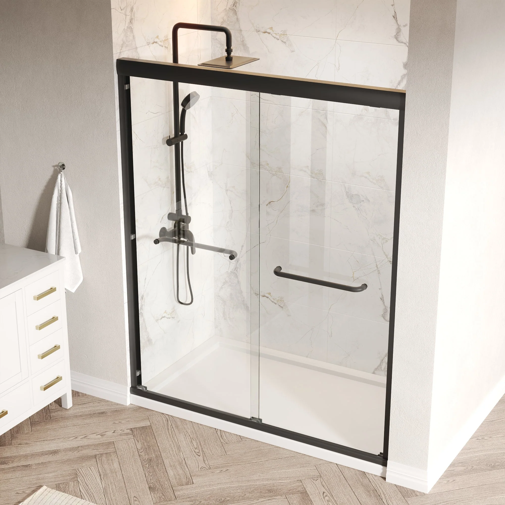 56 in. - 60 in. W x 76 in. H Semi-Frameless Sliding Shower Door,Silver Finish / Black Finish - Image 6