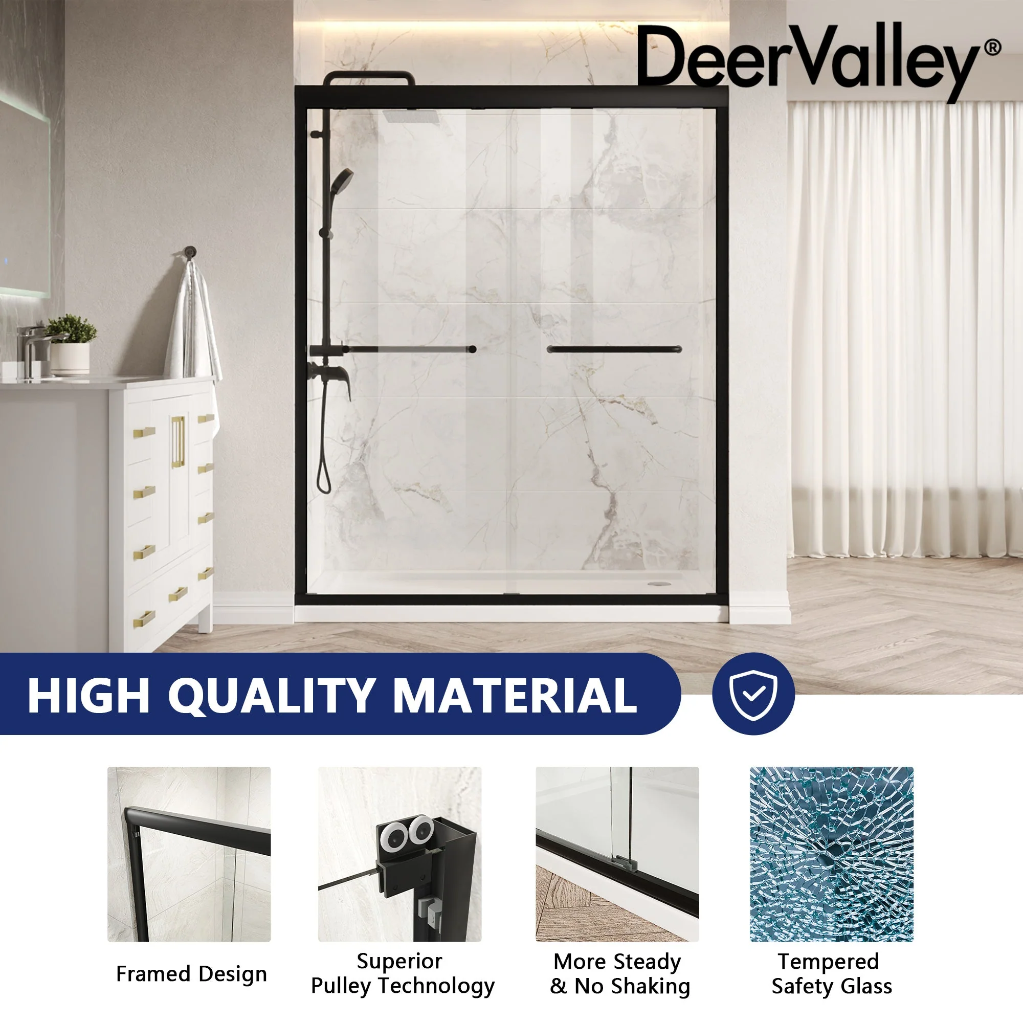 56 in. - 60 in. W x 76 in. H Semi-Frameless Sliding Shower Door,Silver Finish / Black Finish - Image 8