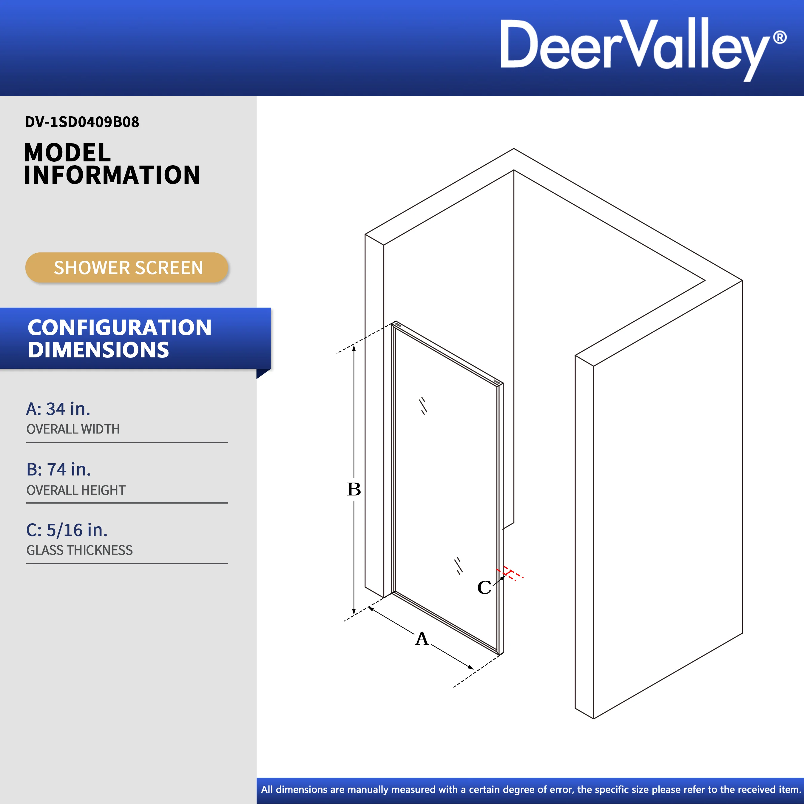 DeerValley DV-1SD0409B08 34" W x 74" H Fixed Glass Shower Screen, Bathroom Shower Glass Door with 5/16" Clear SGCC Tempered Glass Panel, Reversible Installation，Matte Black - Image 11